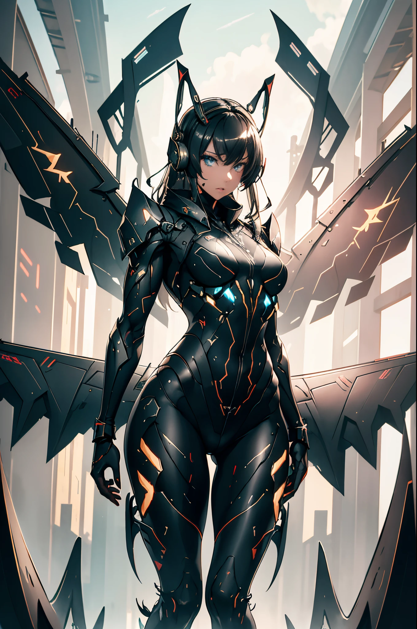 {{{{{masterpiece, best quality, official art, 8k, high resolution illustration}}}}}, 1girl, cute, 2d, japanese, hand drawn, anime style, girl in a smooth curve, matte black bodysuit inspired by a futuristic stealth bomber, (plane tail-ear headphones:1.6), The United States Air Force logo on outfit, standing on a runway military airport, gaze angled 30 degrees to the side, (fighter plane wings:1.6), black hair, blue eyes, glowing eyes, dark uniform, thick thighs, serious, long legs, adult, detail wings, (muscular girl:1.5), black uniform, muscular arms, triceps, biceps, (8-pack abs:1.3), (deadly:1.2), (horrible:1.2), (piercing gaze:1.2), machine of death, emotionless android, the most dangerous weapon of the world, cyborg girl, strong girl, overwhelming presence, warlord, humamized fighter, red antennas on head, {black bodysuit}, black latex pants, lips