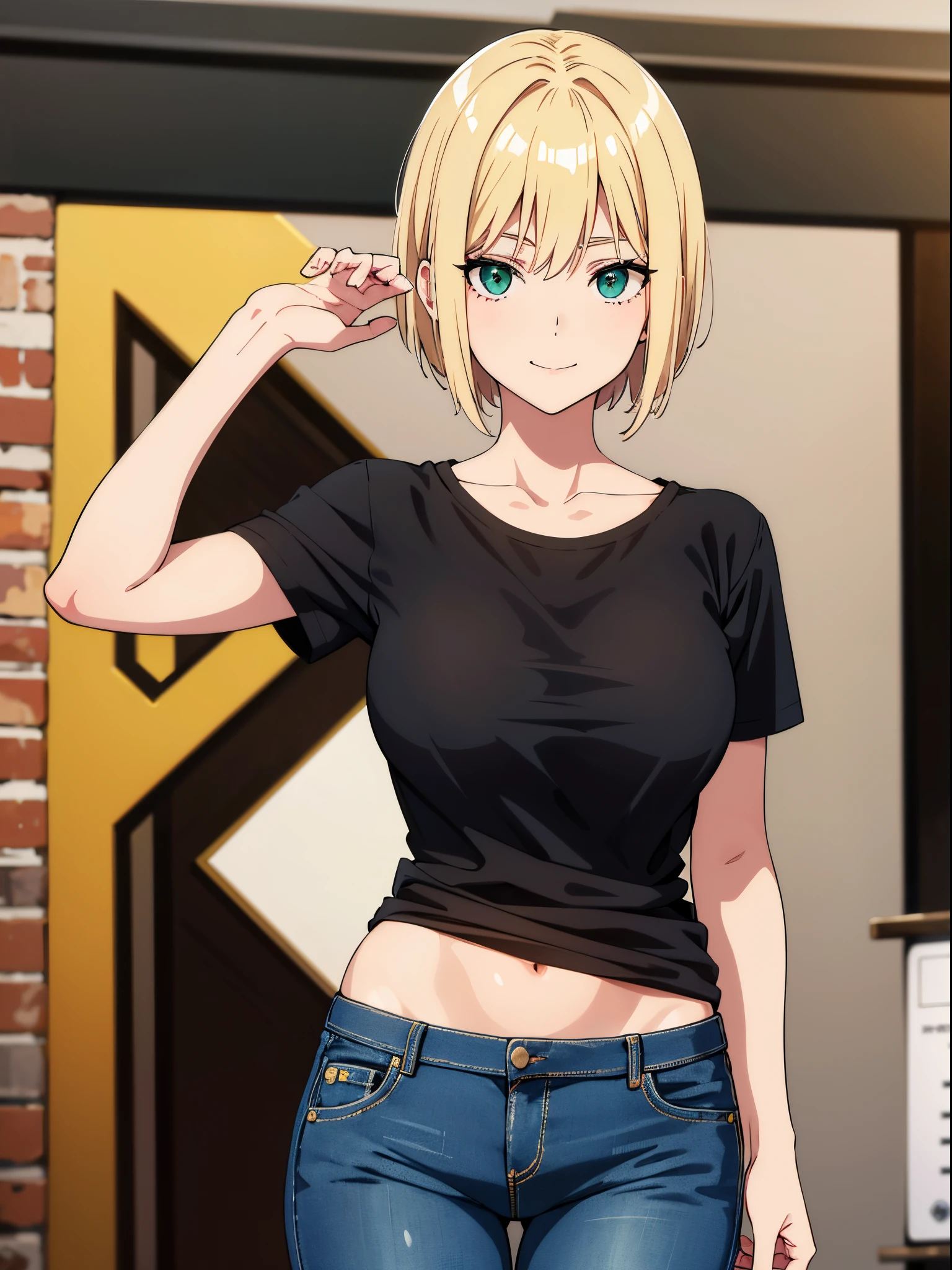 （woman：1.4）， blond hairbl， （Green eyes：1.2）， skintight jeans， Black T-shirt with， walk， short detailed hair， 独奏， ssmile， Place your hands behind your body