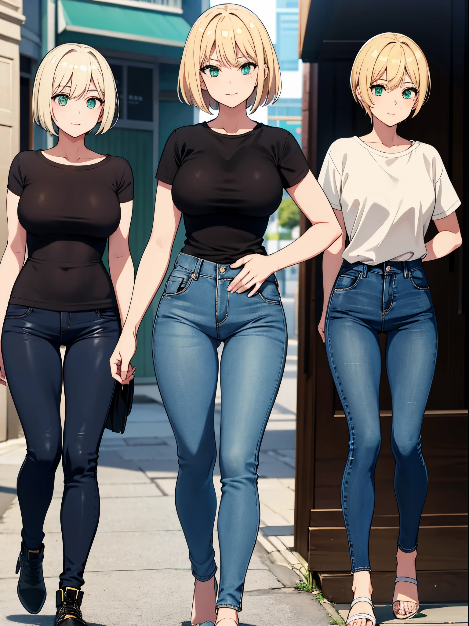(woman:1.4), blond hairbl, (Green eyes:1.2), skintight jeans, Black T-shirt with, walk, short detailed hair, 独奏, ssmile, Place your hands behind your body