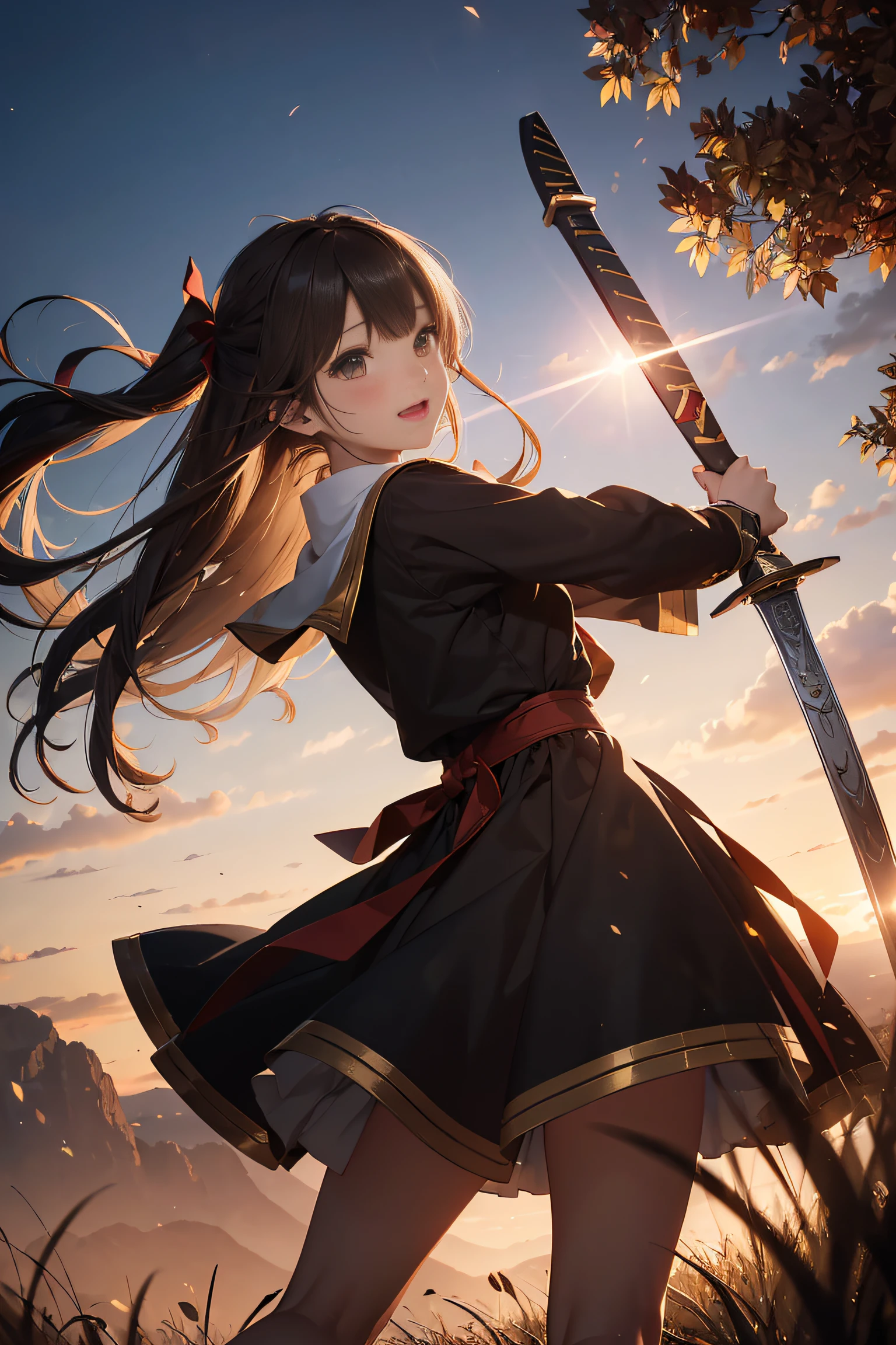 Official art, Unity 8k Wallpapers, ultra-detailliert, masterpiece, top-quality, 1人の女性, (ighly detailed),(Raw photography、top-quality)、(realisitic、Photorealsitic:1.3)、high-detail、Ultra-detailed complex 3D rendering of faces、(highlydetailed skin:1.2)、dynamic ungle, Mystical expression, Fireglow effect, profetional lighting, side lights, ciinematic light, 超A high resolution, 8K , film grains,Best Shadows, Particles of light, detailed skin textures, A detailed face, intricate-detail, ultra-detailliert, 发光, strong con, Looking back、Full body, grass field、beauitful face、blurry backround、18 year old beautiful girl、shinny skin、Twin-tailed、beautiful brown hair、Gray eyes、Tie your hair with a big red ribbon、(Warrior clothing、holding swords、dynamicposes:1.3)、raise arms、Smile with open mouth、Curve、Dynamic Poses、white panties、