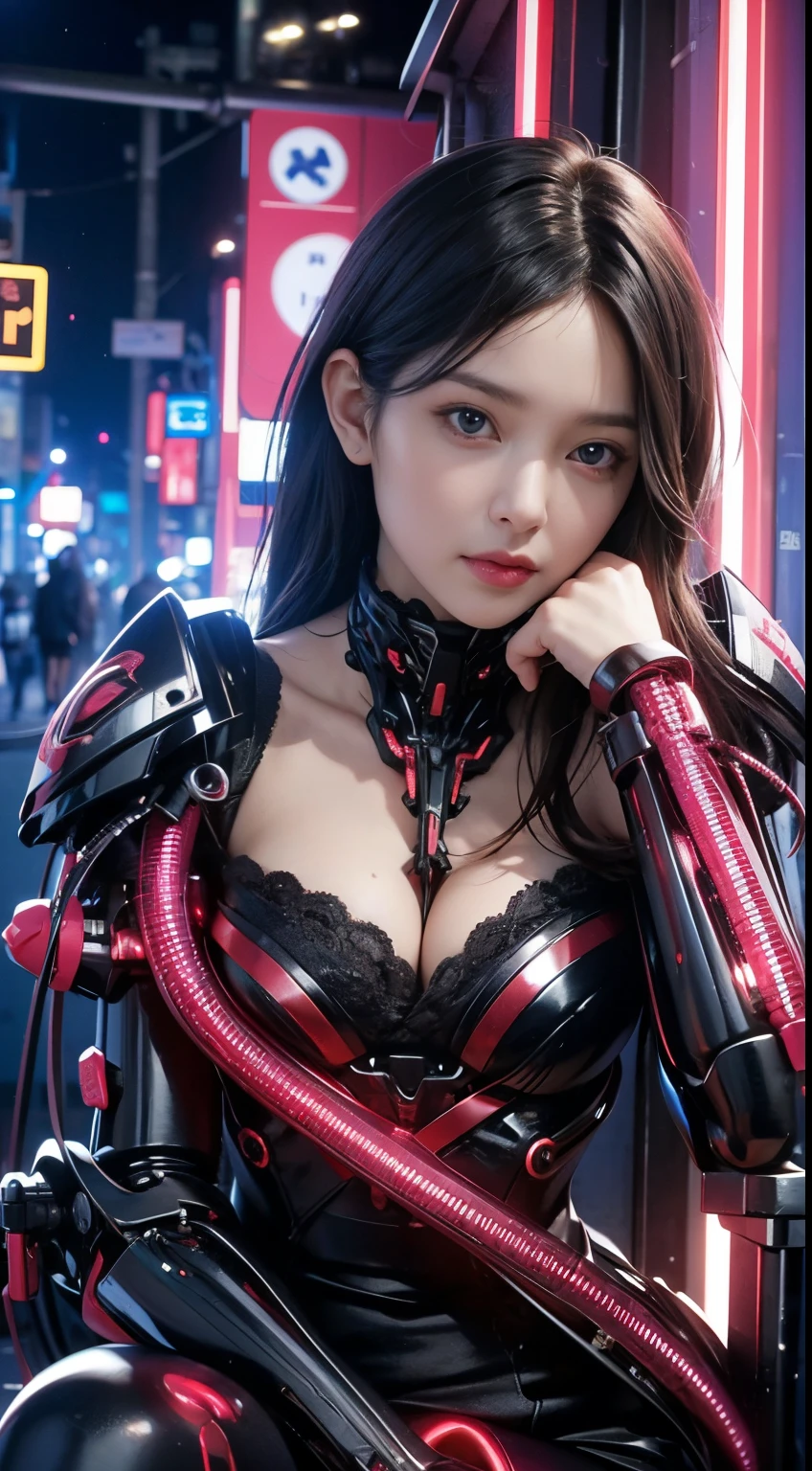 Top Quality, Masterpiece, Ultra High Resolution, (Photorealistic: 1.4), Raw Photo, 1 Girl, Black Hair, Glossy Skin, 1 Mechanical Girl, (Ultra Realistic Detail)), Portrait, Global Illumination, Shadows, Octane Rendering, 8K, Ultra Sharp, Big, Cleavage Exposed Raw Skin, Metal, Intricate Ornament Details, Japan Details, Very intricate details, realistic light, CGSoation trend, purple eyes, glowing eyes, facing the camera, neon details, mechanical limbs, blood vessels connected to the tube, mechanical vertebrae attached to the back, mechanical cervical attachment to the neck, sitting, wires and cables connecting to the head, gundam, small LED lamps,