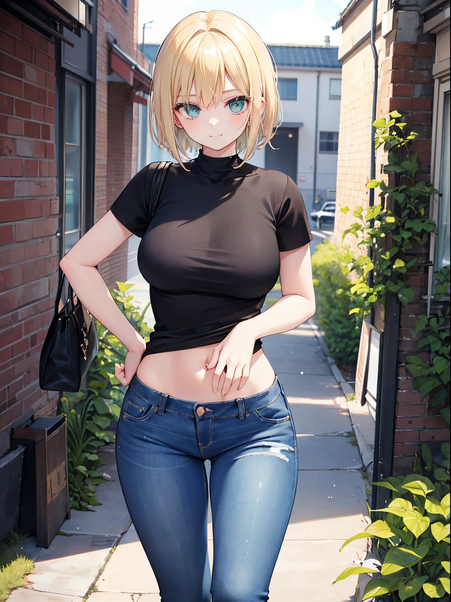 (woman:1.4), blond hairbl, (Green eyes:1.2), skintight jeans, Black T-shirt with, walk, short detailed hair, 独奏, ssmile, Place your hands behind your body