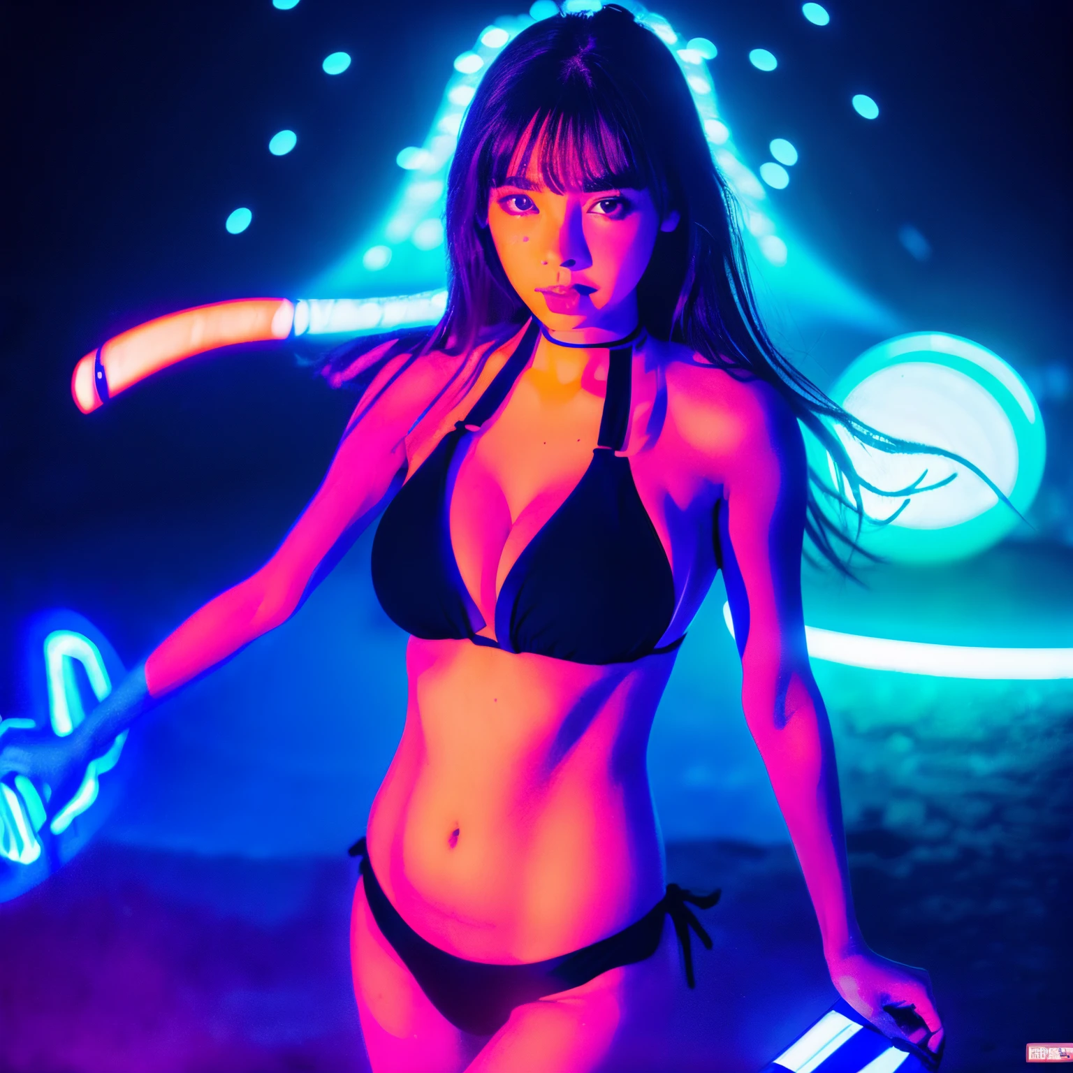 (Beautiful girl busty gravure idol wearing a bikini swimsuit bathing in black light:1.4)