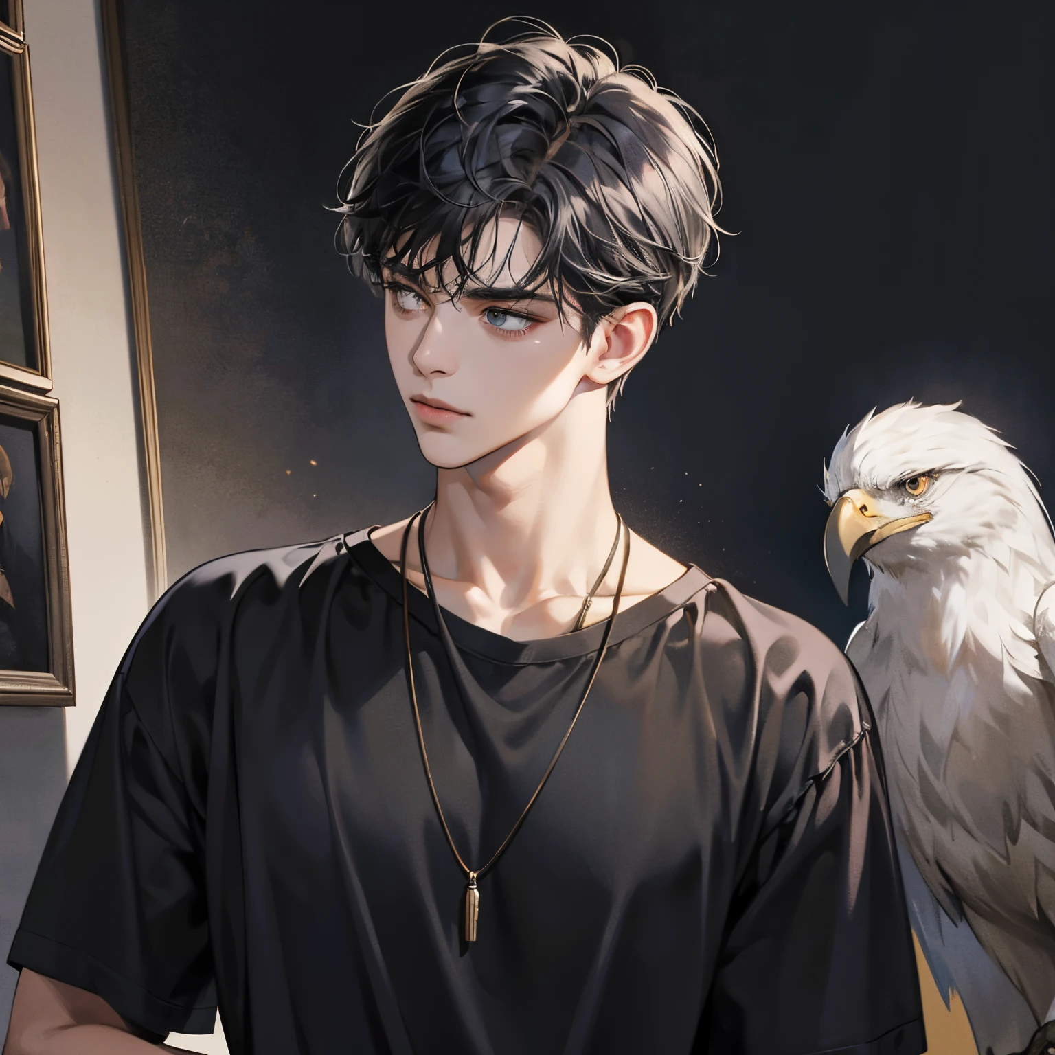 masterpiece, best quality, ultra-detailed,dark shadow, cold light, illustration, (realism 1.5), 1 boys, solo, handsome boys, facing to the side, looking at the screen, serious face, firm face, eagle gaze, black hair to the neck, messy hair, has bangs, slightly curly hair, slightly bluish gray eyes, dull dry lips, wearing a thread necklace, wearing earrings side, wearing a black t-shirt, black background with painting paint,