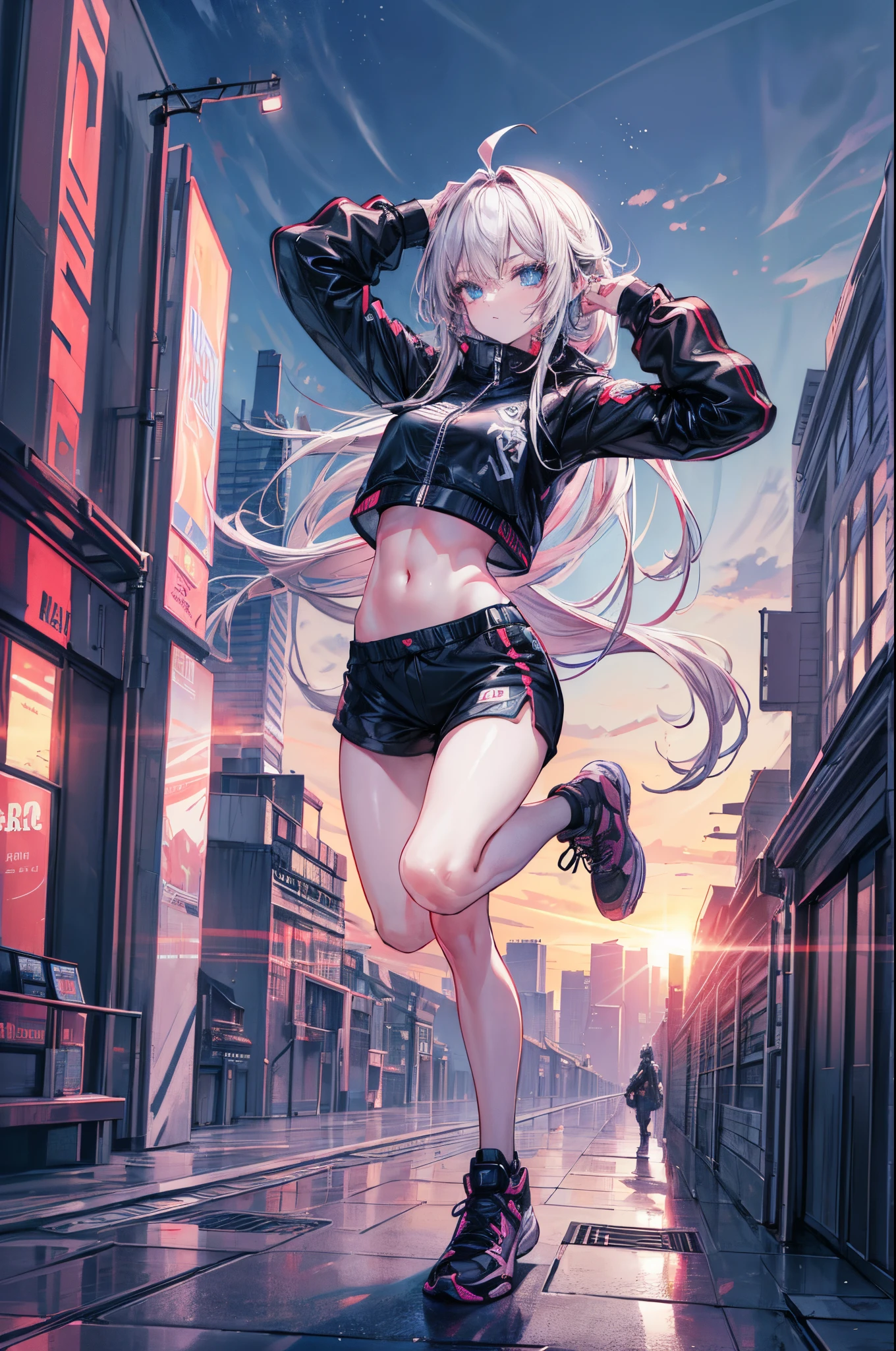 Rebecca, 1girll, Green hair, White skin, double tails, colored sclera, red sclera, Bra, Panties, Black jacket, Artificial eye, black sneaker shoes, Perfect anatomy, Solo, zombie, Multiple boys, crowd, Glowing eyes, Undead, Horror \(Theme\), Masterpiece, Best quality, Highly detailed, Upper body, standing