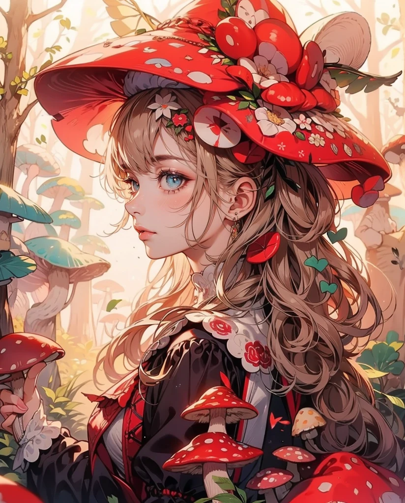 8k, many beautifully fantasy mushroom girl, beautiful mushroom hat, embroidery, enchanting forest, fireflies, ((sky blue eyes)), white-dress, day, beautiful aesthetic dress, sweet looking , midjourney, close-up, niji, 1