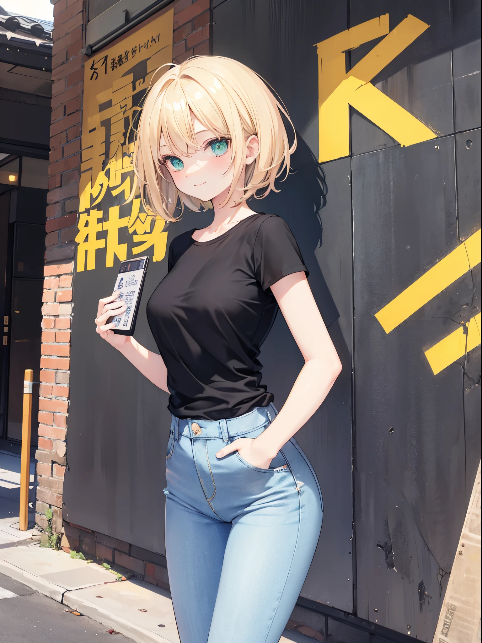 アイスWallenstein, Wallenstein, blonde, Hair between the eyes, Baseball hats, Long Hair, (Yellow Eyes:1.5),happy smile, smile, Shut your mouth.,smile,blush,Bare neck,Heart Necklace,Oversized blue one-shoulder shirt,Short sleeve,Skinny jeans,Stiletto heels,whole bodyがイラストに入るように,Walking,Daytime,Clear skies, break looking at viewer,whole body, (Cowboy Shot:1. 5) break outdoors,Building district, break (masterpiece:1.2), Highest quality, High resolution, unity 8k wallpaper, (shape:0.8), (Beautiful and beautiful eyes:1.6), Highly detailed face, Perfect lighting, Extremely detailed CG, (Perfect hands, Perfect Anatomy),