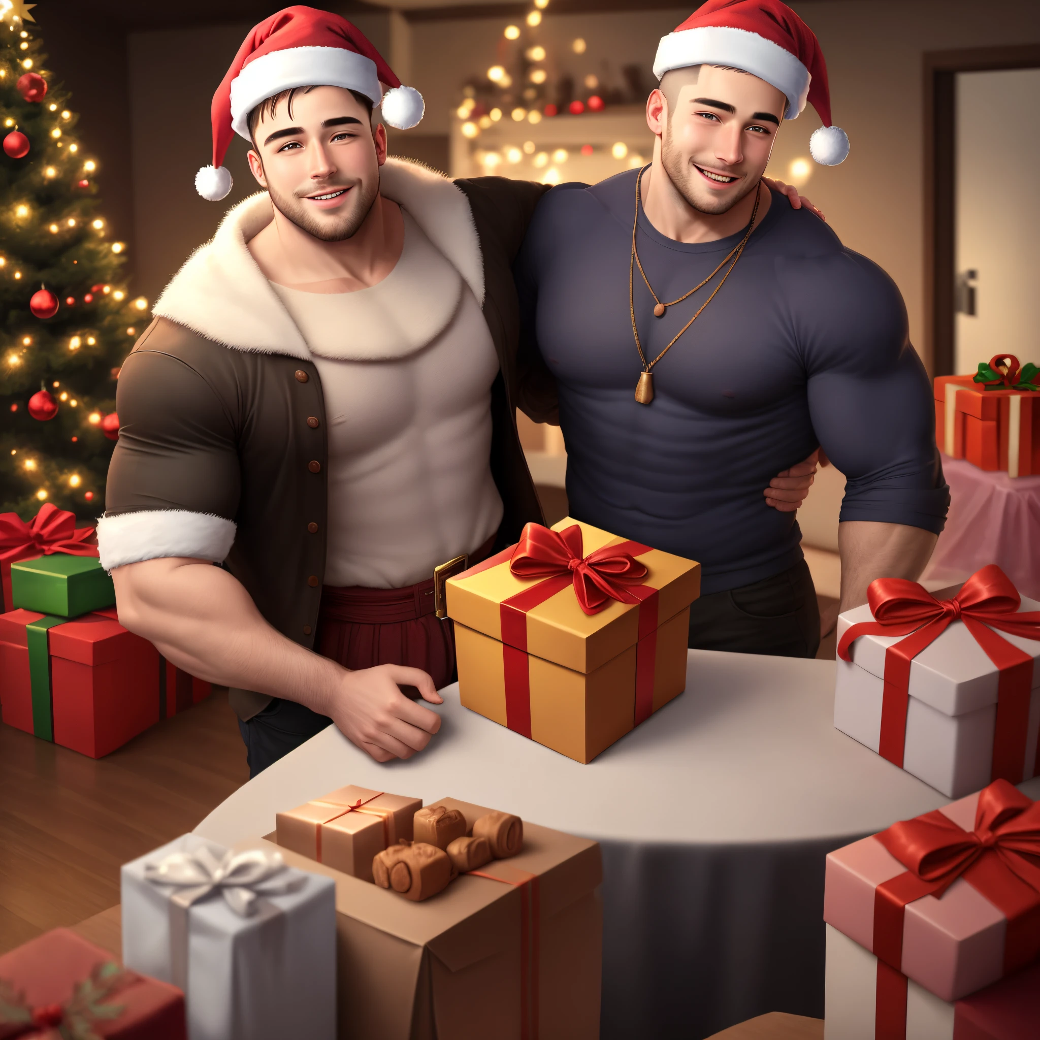 anime characters dressed in santa claus outfits sitting on a bed, commission for high res, santa claus, santa clause, commission for, p, santa, muscular! fantasy, rossdraws and jazza, muscular!, by Kanbun Master, gigachad muscular, commission, from overwatch, christmas night