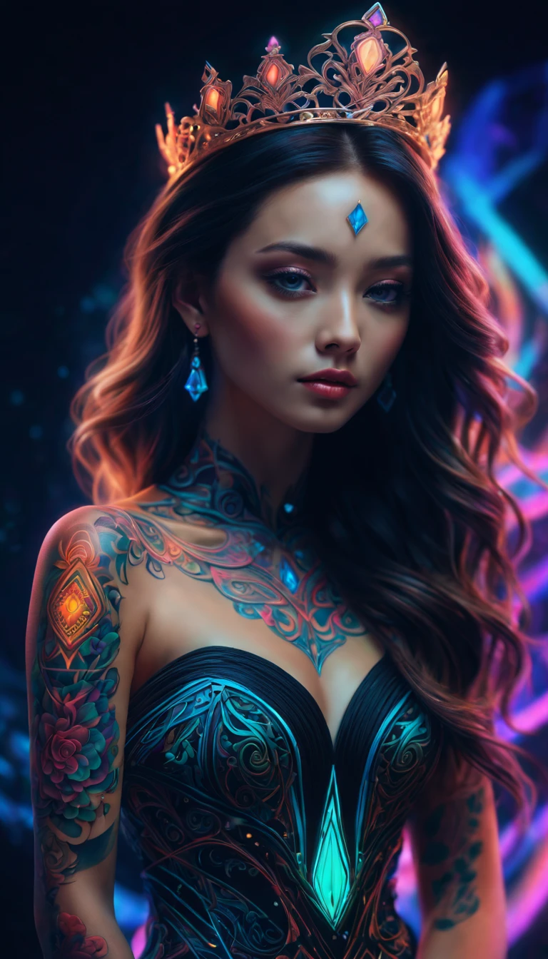 A princess，glowing tattoo，Complex geometry, Colorful blur, Evening dress，abstract backgrounds。shadows and highlights，subtle reflections，charming body，Black light art，fluorescent art，glow in the dark art，dark temptation，The beauty of tattoos，Neon lights，Enchanting fantasy。(best quality,4k,8k,highres,masterpiece:1.2),ultra-detailed,(realistic,photorealistic,photo-realistic:1.37)。
