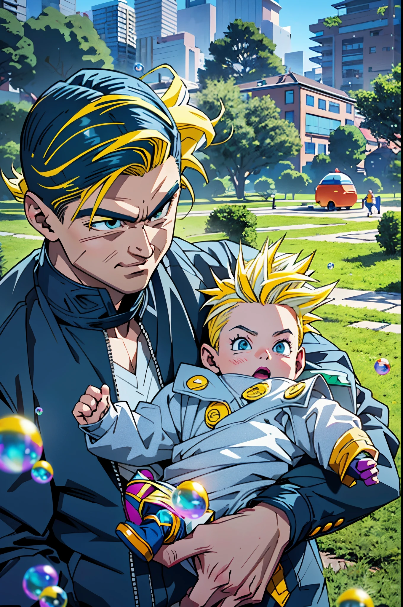 araffe man holding a baby in a park with bubbles,((yellow hair:1.3)),(blond hair:1.3),2D,Comic style, comics, dragonball,Son Goku,quadratic element,shoun,head portrait,super saiyan, goku, super saiyan, dragon ball concept art, dragon ball artstyle,4k, manga wallpaper,