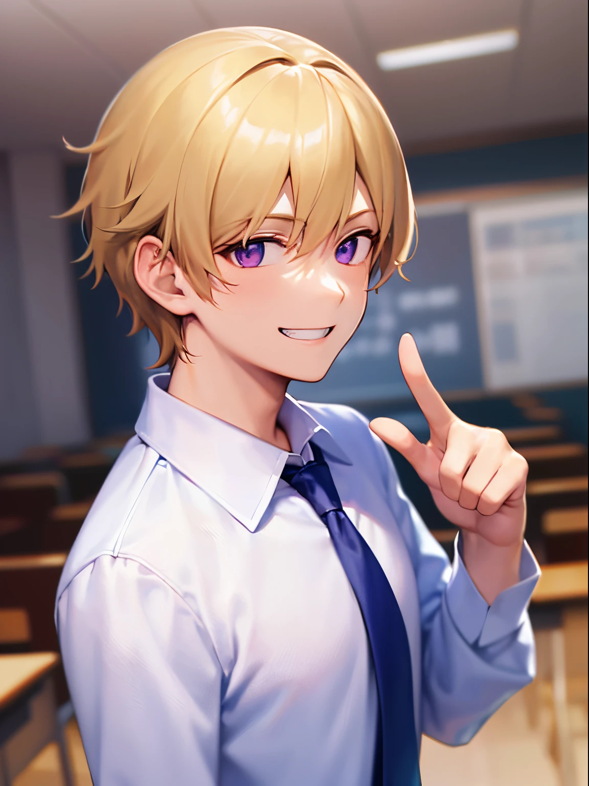 Side angle, Pointing gesture, masterpiece、hightquality、18 year old male with short blonde hair and purple eyes、Wearing a high school uniform、white shirt、blue tie、(Alone:1.5)、(grin:1.1)、(Only the upper body is shown.:1.3)、be in a school classroom、Bold composition、