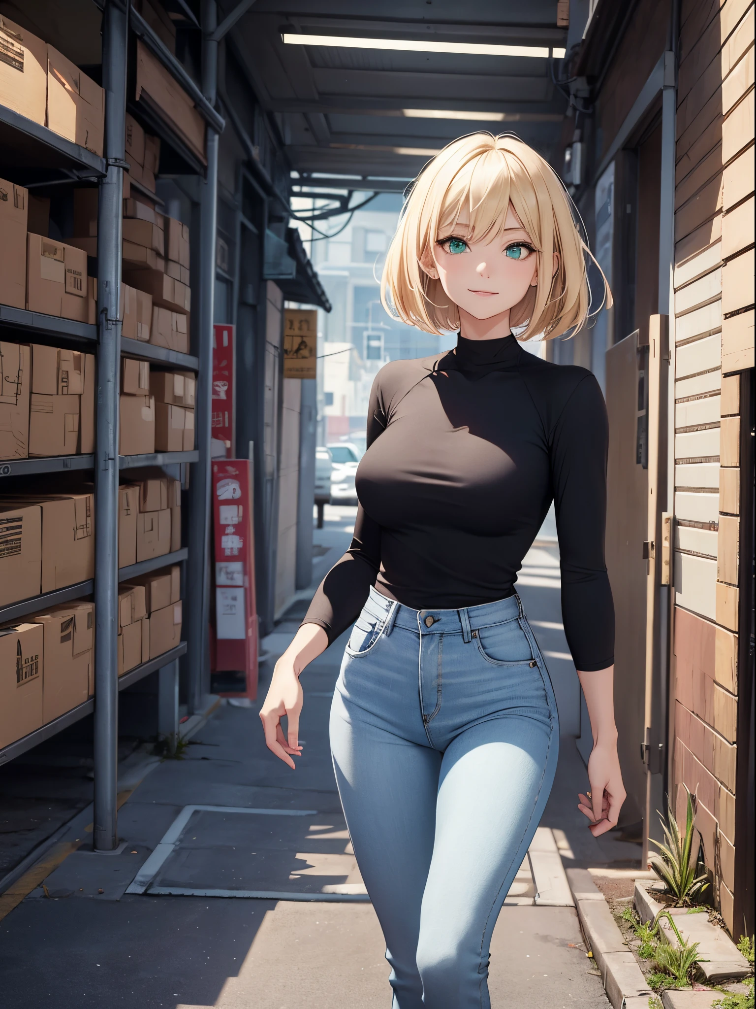 (woman:1.4), blond hairbl, (Green eyes:1.2), skintight jeans, Black T-shirt with, walk, short detailed hair, 独奏, ssmile, Place your hands behind your body