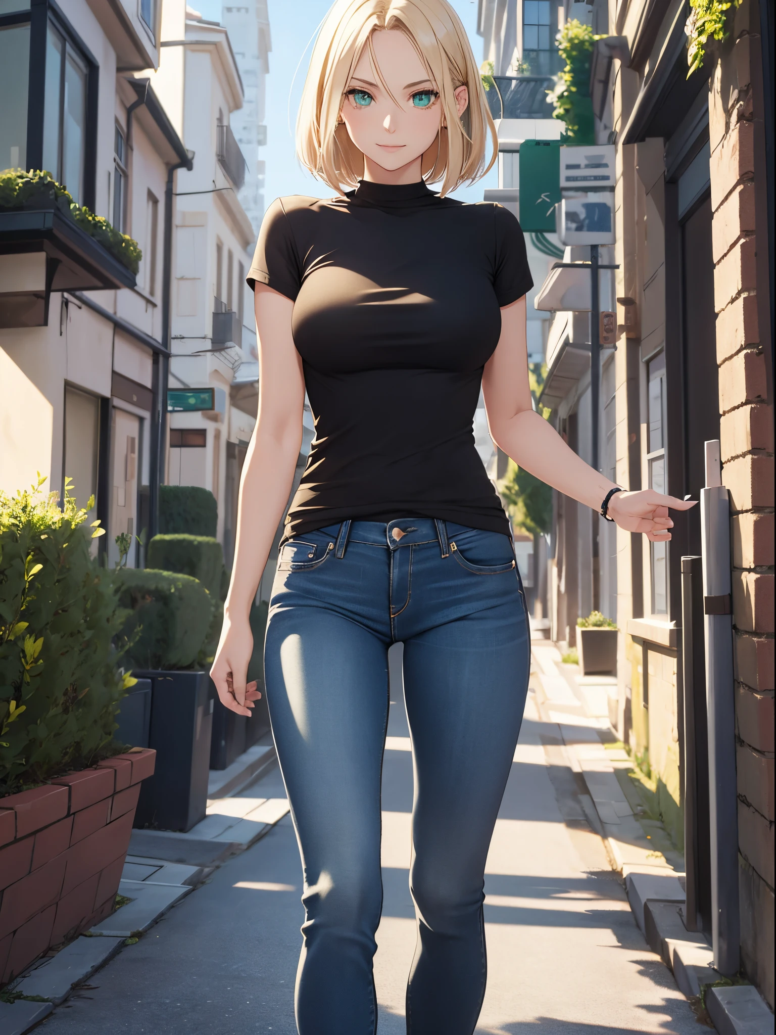(woman:1.4), blond hairbl, (Green eyes:1.2), skintight jeans, Black T-shirt with, walk, short detailed hair, 独奏, ssmile, Place your hands behind your body