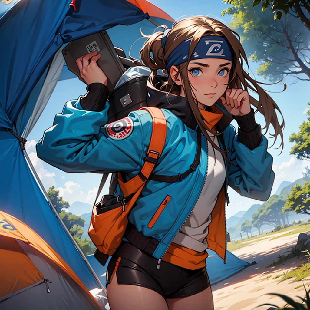 A European looking girl with messy straight brown hair, Handsomer, High quality picture, With Naruto headband With air symbol, wearing blue jacket, 4K quality, In the nature, both eyes clear, solo traveling, camping in tent