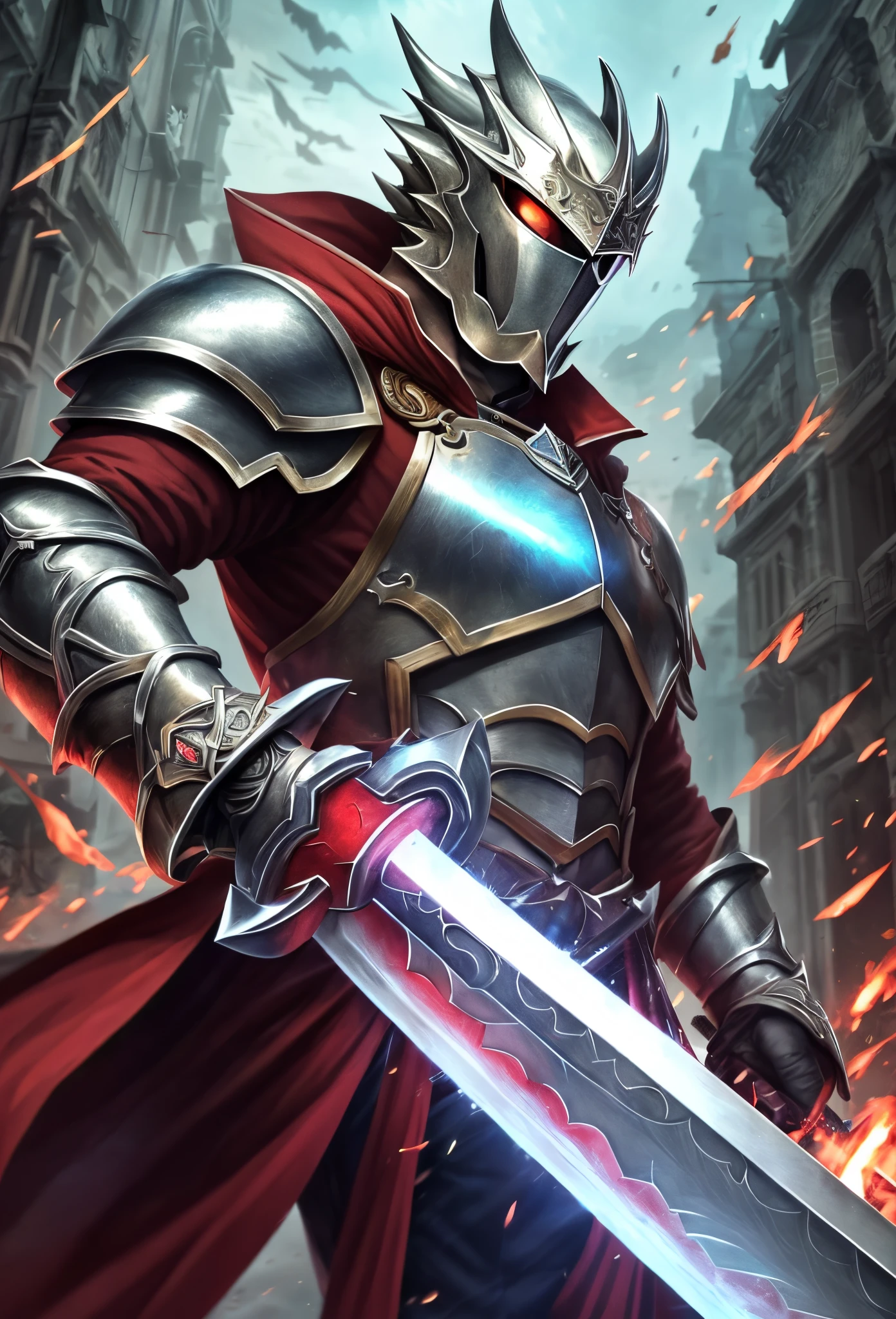 anthropomorphic dragon, blue eyes, dragon face, heavy armor, red pants, silver greaves, holding a heavy long sword, RPG game environment, best quality, ultra-detailed, vivid colors, realistic, high resolution, professional, knight, dragon detailed face, heavy armor, strong and confident posture, (red pants), silver greaves, (holding a long heavy sword), RPG game environment, sword art online style, immersive lighting, sharp focus --auto --s2