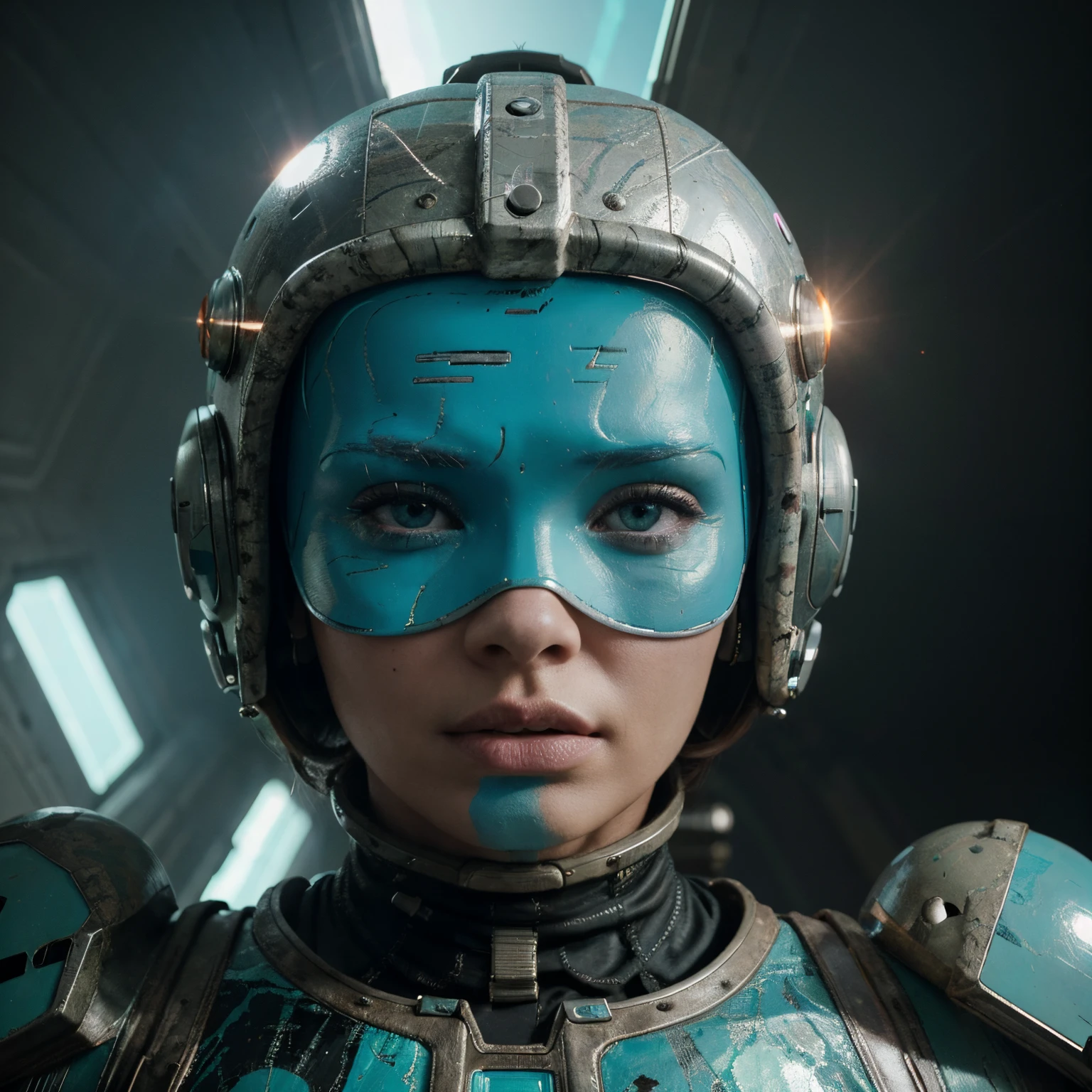 A Modern flat toon Crazy whit a Big ONE a Only Eye Robot and helmet Style, like Kim Basinger nude in Cyan hair, pinhead, camouflage Pink Light Green Rusty, Ambient in a meteorite crater super detailed, center, beautiful, soft lighting, focused on the character, 4K resolution, photorealistic rendering,