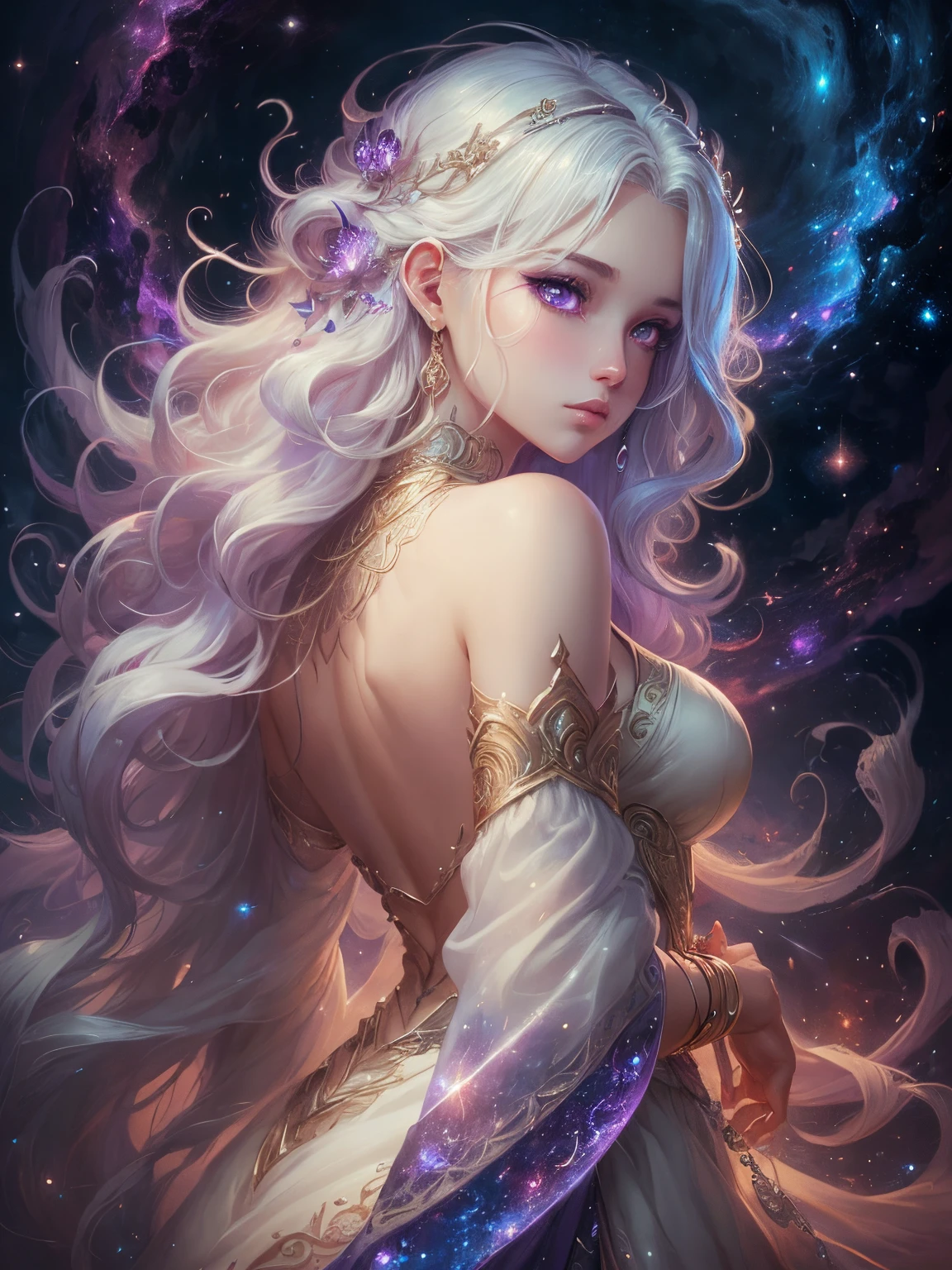 Digital painting by MSchiffer of a female Goddess, her physical body is transforming into smoke, wearing elegant robes as clothing that flows in the air in a waving way, perfectly detailed delicate face, soft features, the environment is the heart of a heavenly forest with trees and vines made out of nebulas and stars, in a classical style, celestial and cosmic, bold colors, soft billowing smoke, glowy cosmic flowers, billowing, cinematic lights, fantasy art, surreal, high contrast, HDR+, bokeh effect, cosmic, cosmos, nebula