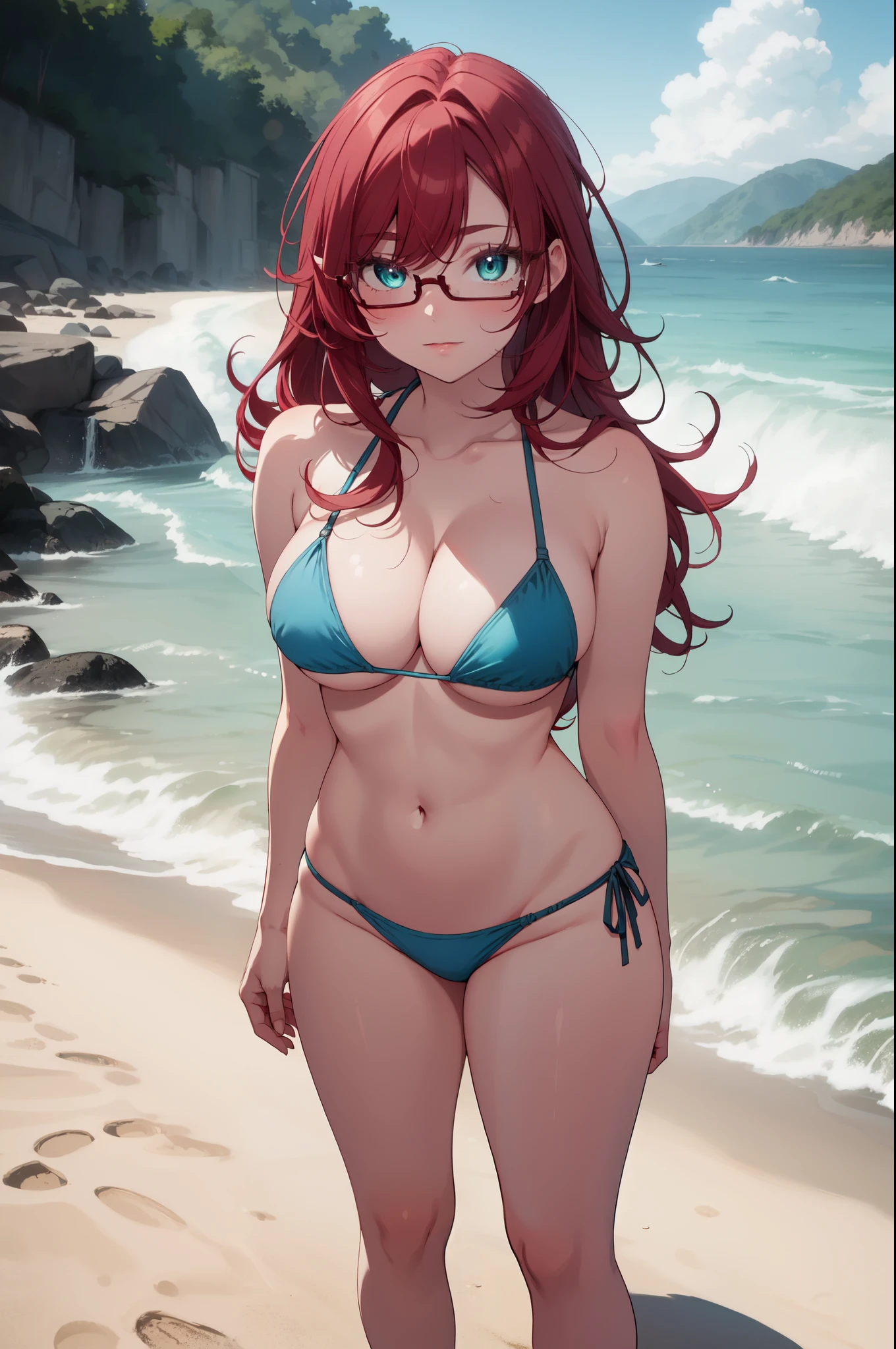 masterpiece, best quality, highres, 1girl, solo, kusuribb, large breasts, red hair, turquoise eyes, long hair, bikini, beach, eyewears, full body, standing, arms behind back