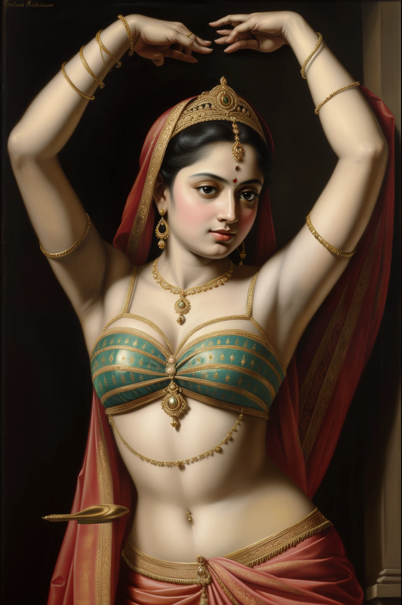 Beautiful Indian Woman, wearing saree, sari Beauty, gorgeous, Apsara, Maharani, royal queen woman, nymph from Hindu Mythology, Urvashi, matchless beauty, Highly detailed, Oil Painting by Peter Paul Rubens inspired by Raja Ravi Varma, Matchless beauty, captivating, gorgeous, heavenly beauty, celestial beauty, by Peter Paul Rubens, 1893, realistic, hyper realistic, micro details, incredible artwork, insane details, ultra High resolution, 8k, 32k, acrylic on canvas, intricate, flawless, detailed, detailed face, detailed eyes, masterpiece, by Peter Paul Rubens, by Caravaggio, by William Adolphe bouguereau, perfect face, perfect body, beautiful art, realism, baroque, renaissance Art, highly textured, beautiful and High clarity eyes, uhd, best quality,