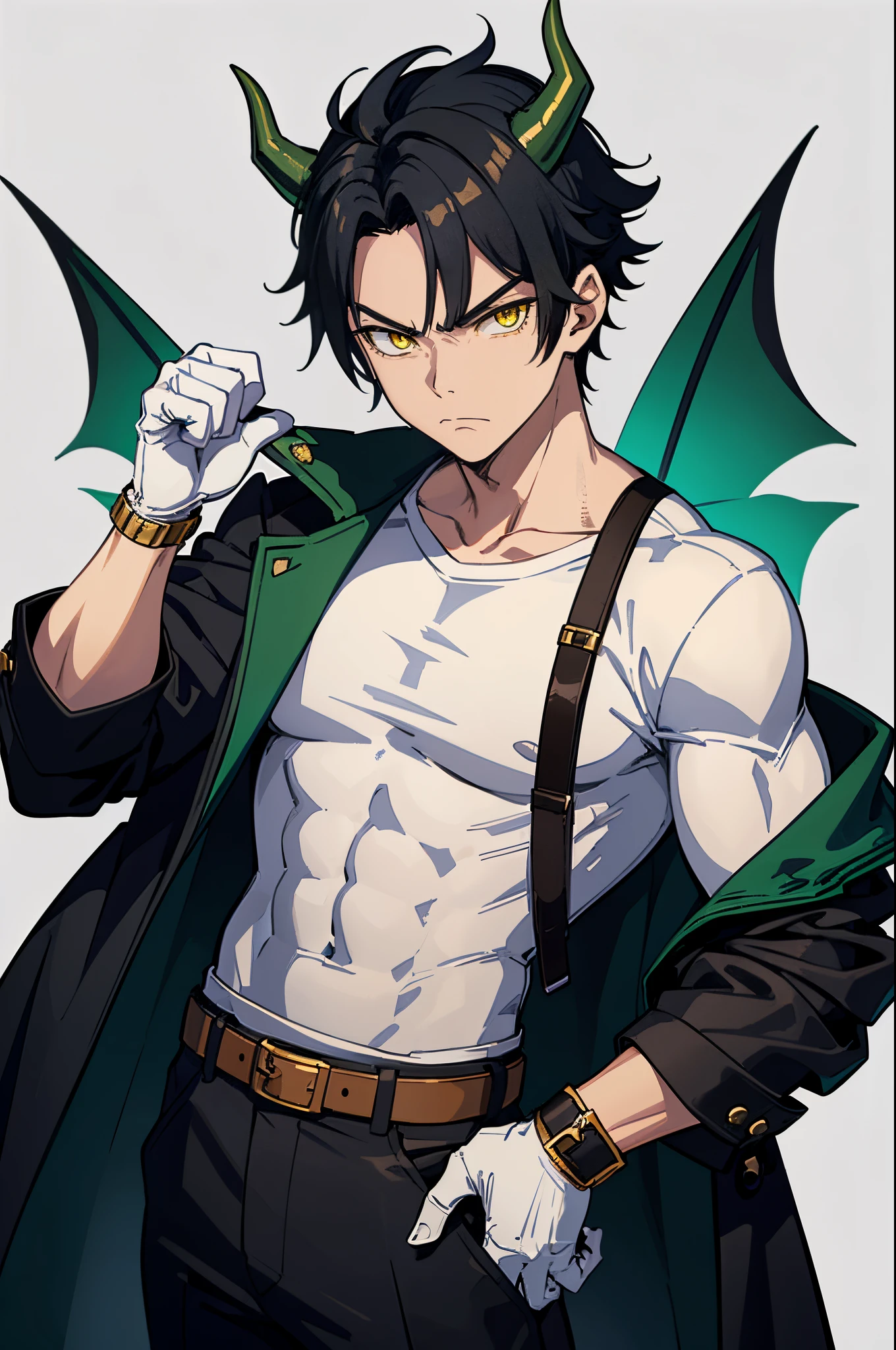 A sketch of a male anime character. has green hair. muscle. bat wings
