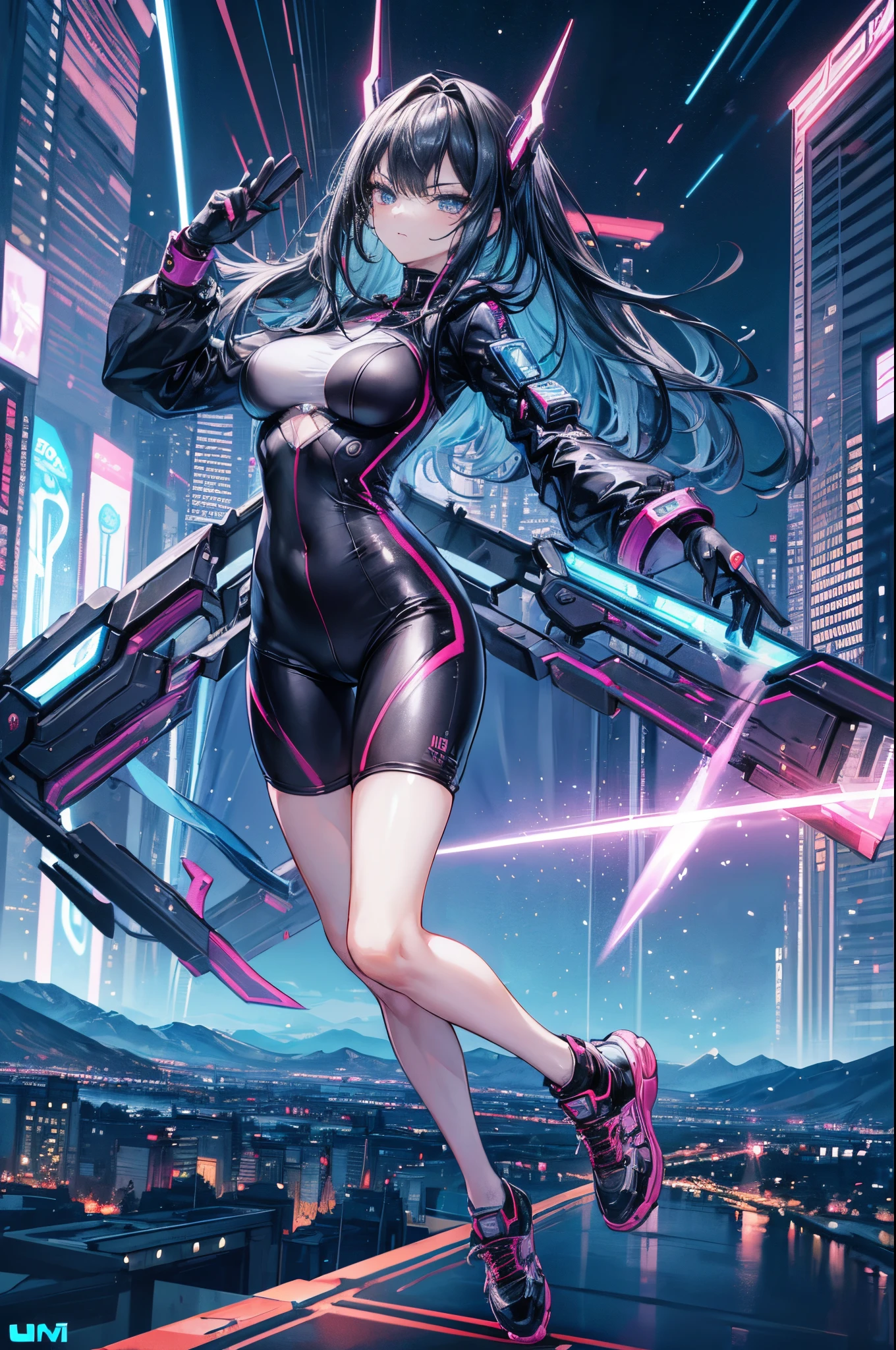 (masterpiece,best quality,8k,ultra-detailed:1.3), (landscape photography:1.5),(((a tall slim girl is jumping in city))), (extreme long shot:1.6),((((((perfect face,perfect eyes)))))),anime style,street style clothing,((full body)),shorts,sneakers,cap,BREAK cyber punk and futuristic city,neon sign,((detailed beautiful background)),(((best quality,8k))),((dynamic angle)),BREAK perfect hands,detailed beautiful hands