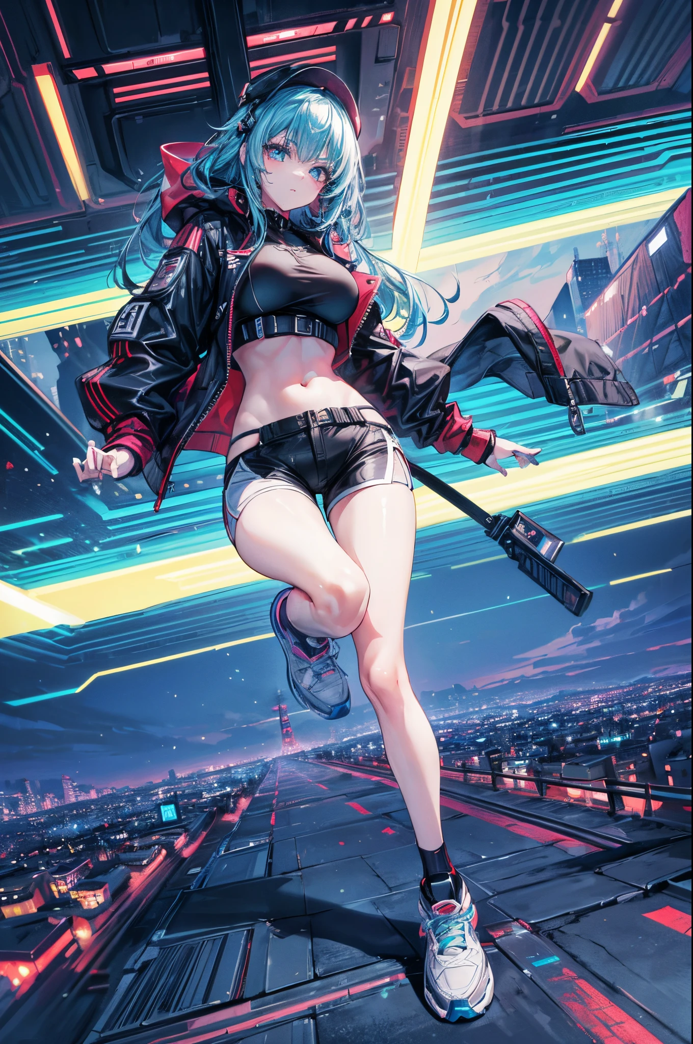 (masterpiece,best quality,8k,ultra-detailed:1.3), (landscape photography:1.5),(((a tall slim girl is jumping in city))), (extreme long shot:1.6),((((((perfect face,perfect eyes)))))),anime style,street style clothing,((full body)),shorts,sneakers,cap,BREAK cyber punk and futuristic city,neon sign,((detailed beautiful background)),(((best quality,8k))),((dynamic angle)),BREAK perfect hands,detailed beautiful hands
