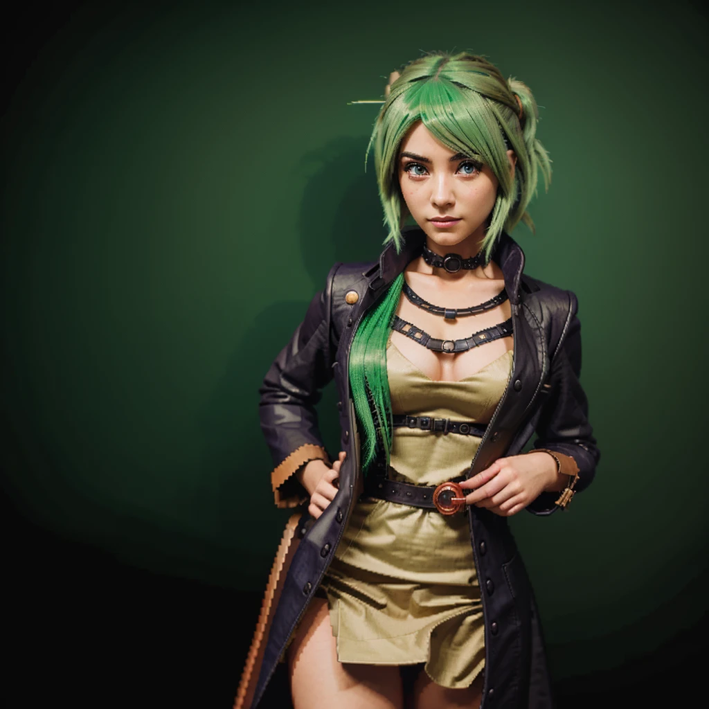 Steampunk girl, anime girl, pixel art, green hair, red eye,