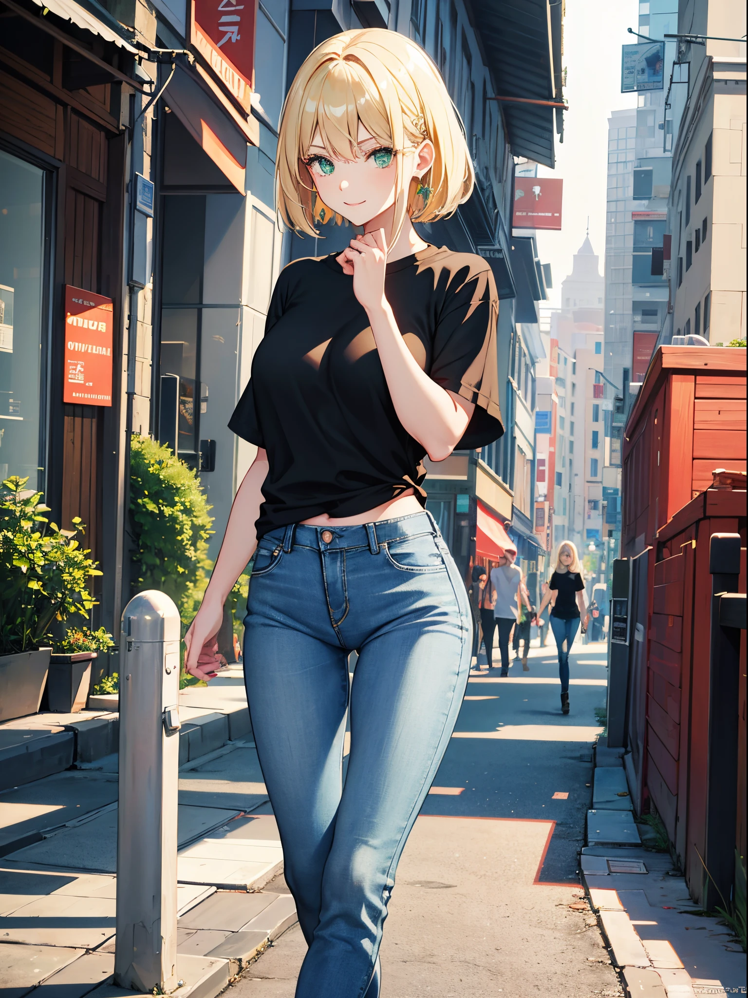 (woman:1.4), blond hairbl, (Green eyes:1.2), skintight jeans, Black T-shirt with, walk, short detailed hair, 独奏, ssmile, Place your hands behind your body