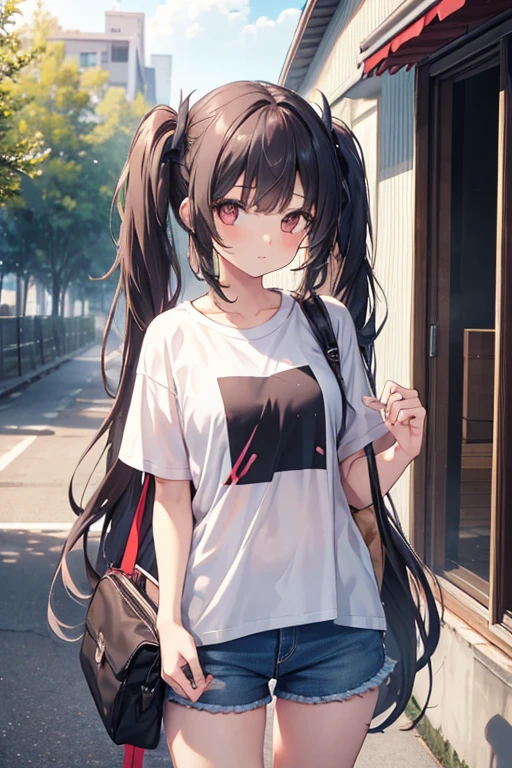 1girl in, dressed casually, T-shirt, Shorts, Twin-tailed, Long hair, Outdoors,barechested