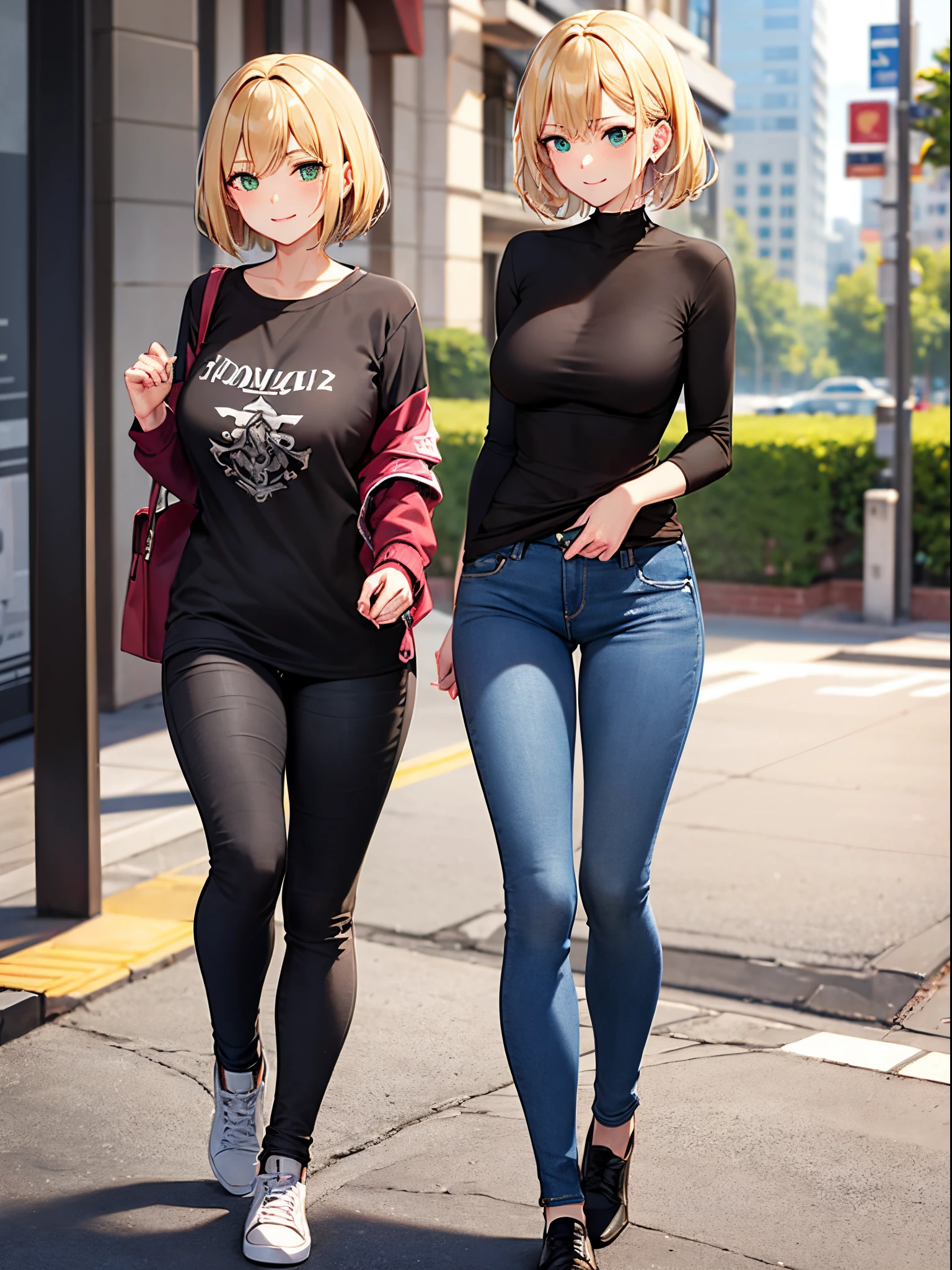 （woman：1.4）， blond hairbl， （Green eyes：1.2）， skintight jeans， Black T-shirt with， walk， short detailed hair， 独奏， ssmile， Place your hands behind your body