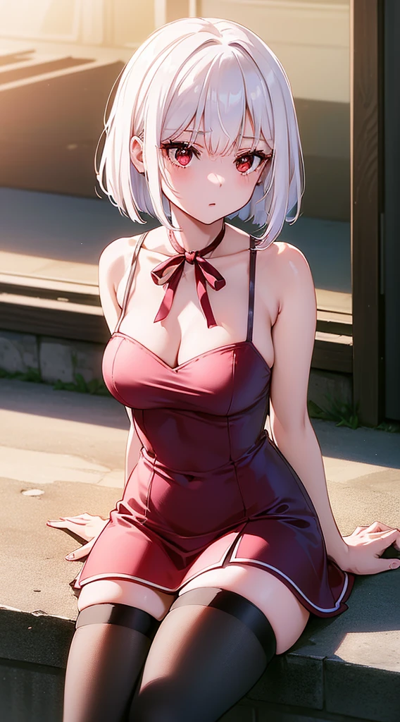 masterpiece, best quality, highres, silver hair, bob cut hair, red eyes, medium breasts, mature body and face, 1girl, solo, blue ribbon, eyelashes, black thighhighs, neck ribbon, sleeveless, bangs, collarbone, bare arms, pink dress, red coat, pink headwear, outdoors, sitting, sexy pose