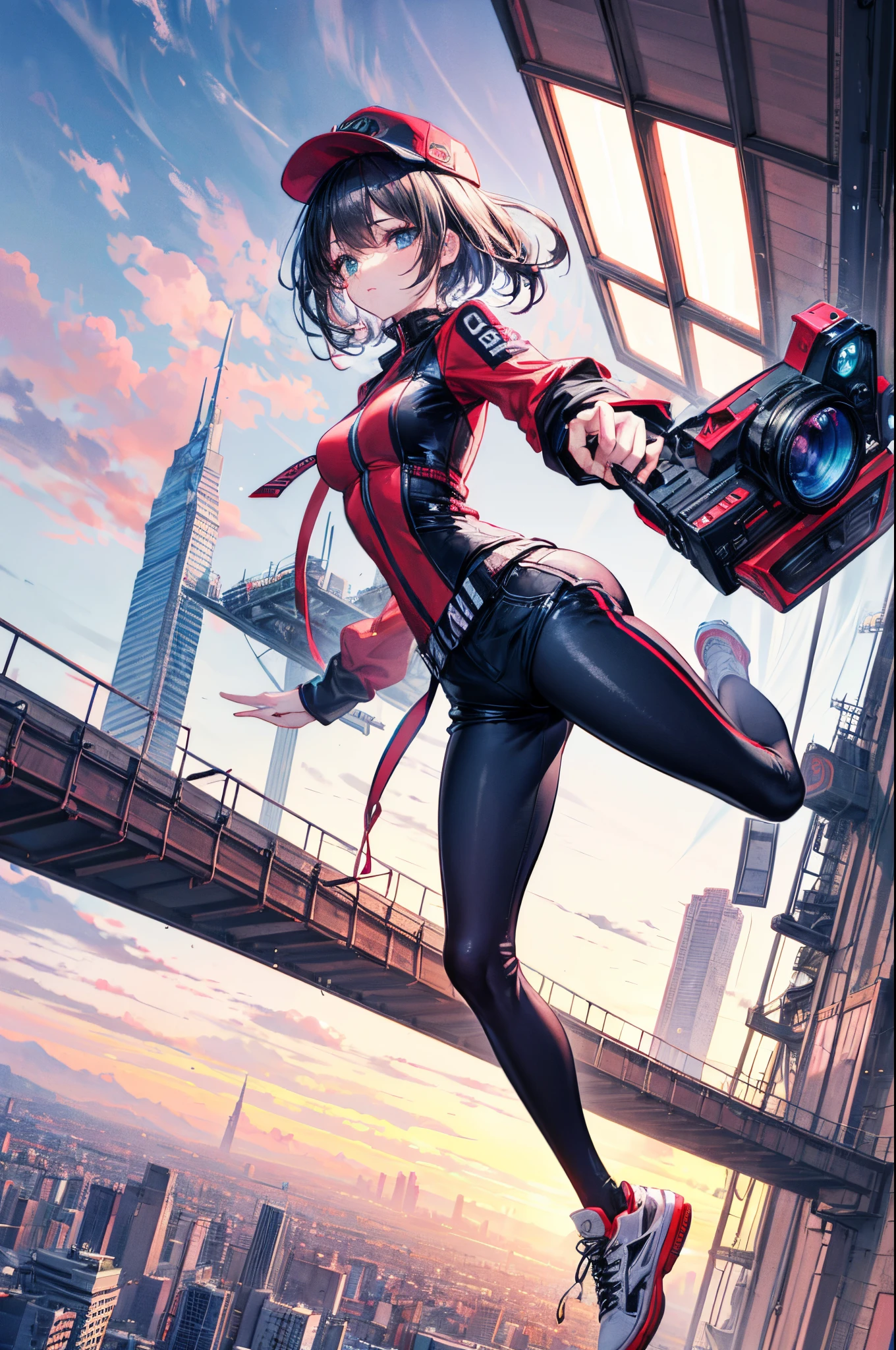 (masterpiece,best quality,8k,ultra-detailed:1.3), (landscape photography:1.5),(((a tall slim girl is jumping in city))), (extreme long shot:1.6),((((((perfect face,perfect eyes)))))),anime style,street style clothing,((full body)),shorts,sneakers,cap,BREAK cyber punk and futuristic city,neon sign,((detailed beautiful background)),(((best quality,8k))),((dynamic angle)),BREAK perfect hands