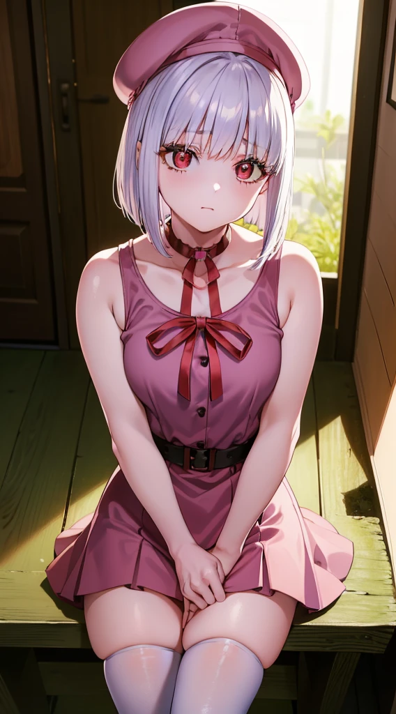 masterpiece, best quality, highres, silver hair, bob cut hair, red eyes, medium breasts, mature body and face, 1girl, solo, blue ribbon, eyelashes, black thighhighs, neck ribbon, sleeveless, bangs, collarbone, bare arms, pink dress, red coat, pink headwear, outdoors, sitting, sexy pose