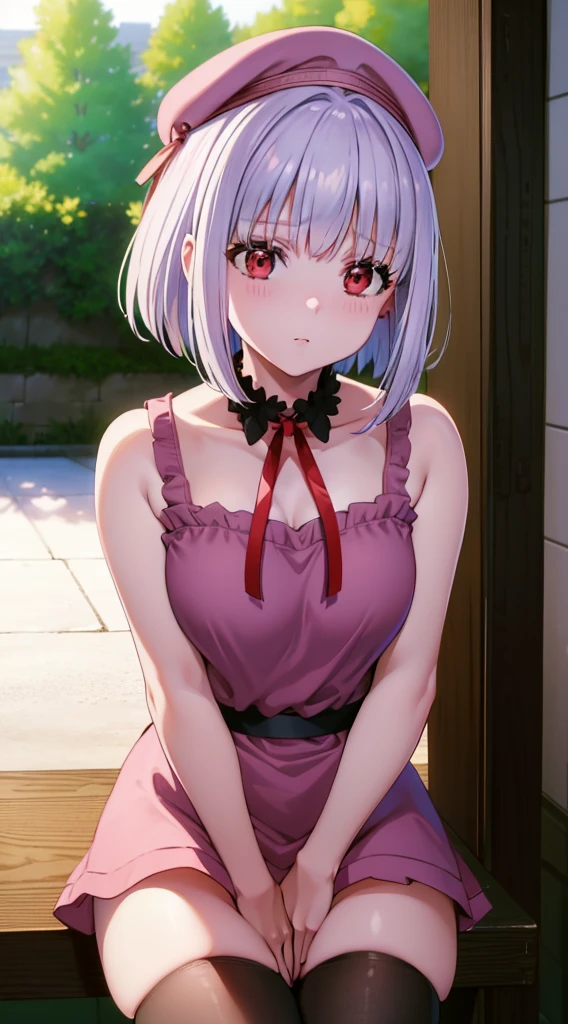 masterpiece, best quality, highres, silver hair, bob cut hair, red eyes, medium breasts, mature body and face, 1girl, solo, blue ribbon, eyelashes, black thighhighs, neck ribbon, sleeveless, bangs, collarbone, bare arms, pink dress, red coat, pink headwear, outdoors, sitting, sexy pose