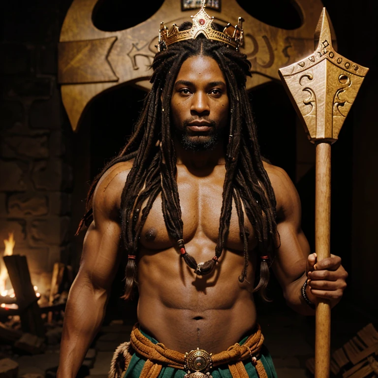 King yorubá shango orisha male muscle handsome dreads longhair background volcano crown, holding two axes