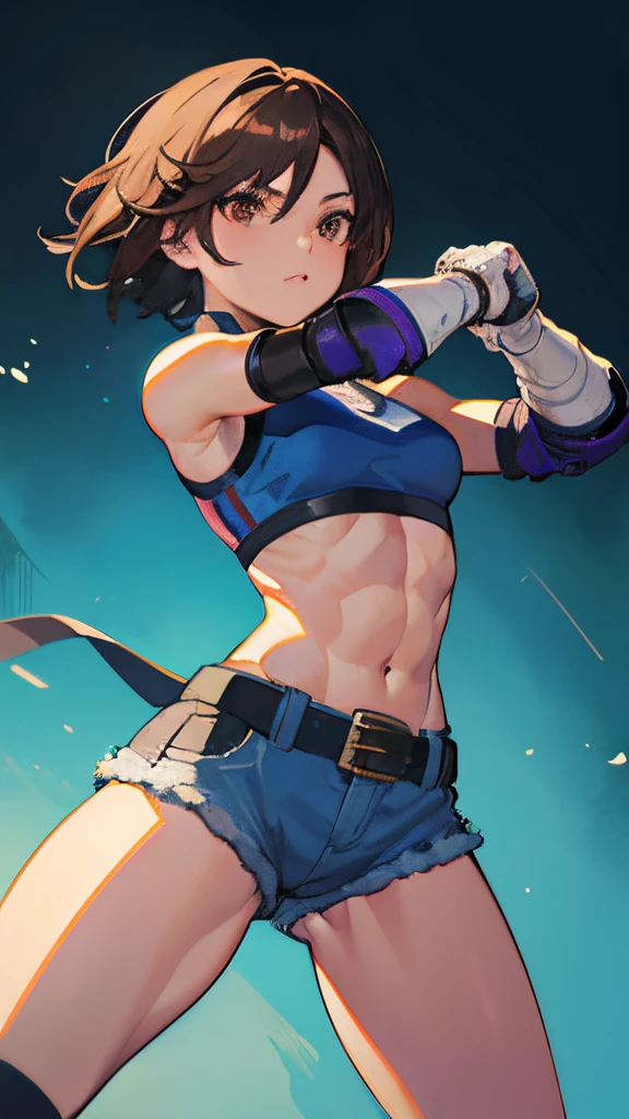 "(​masterpiece、Premium Quality:1.2)、Alone、1girl in(Asuka Kazama、muscularwoman、short brown haired、de pele branca、Brown-eyed)、cowboy  shot、Look at viewers、battle posture、taut clothes、Sportsbra、croptop、Shorts、(gloves:1.1)、a belt、elbow pad、Midriff、Trained abs、Trained biceps、nightcity