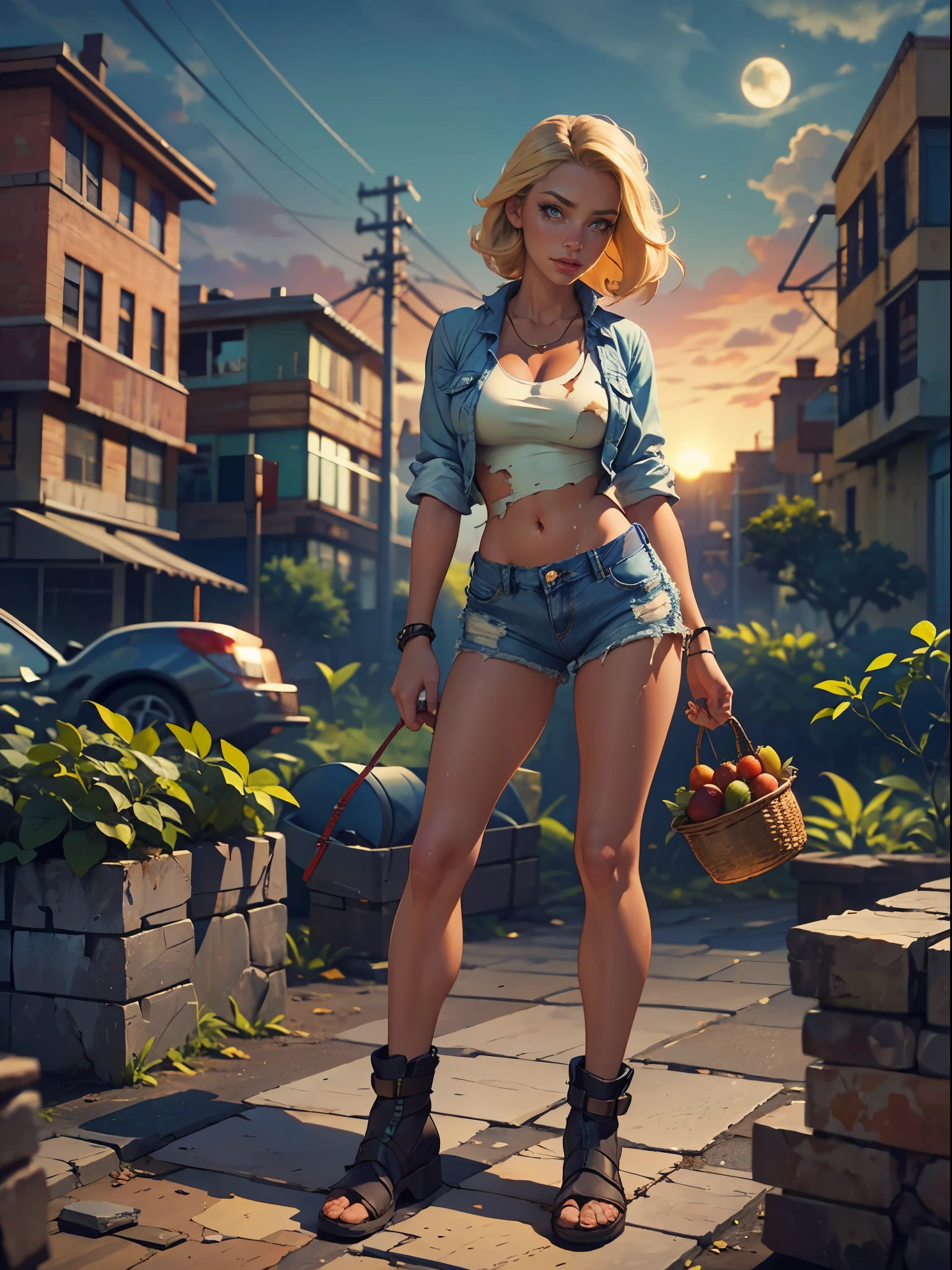2076 year. The Urban Ruins of the Wasteland, Female huntress picking fruit in the garden, beautiful face, blonde, badly torn shirt and denim shorts , long legs, sweating through, sun rising, Nice warm colors, head to toe full body shot