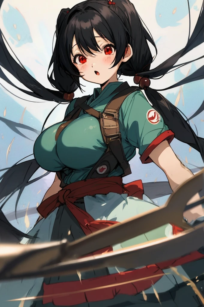 ((Anime style)),Black hair twintails,Red Eyes,childish,So Huge Breasts,