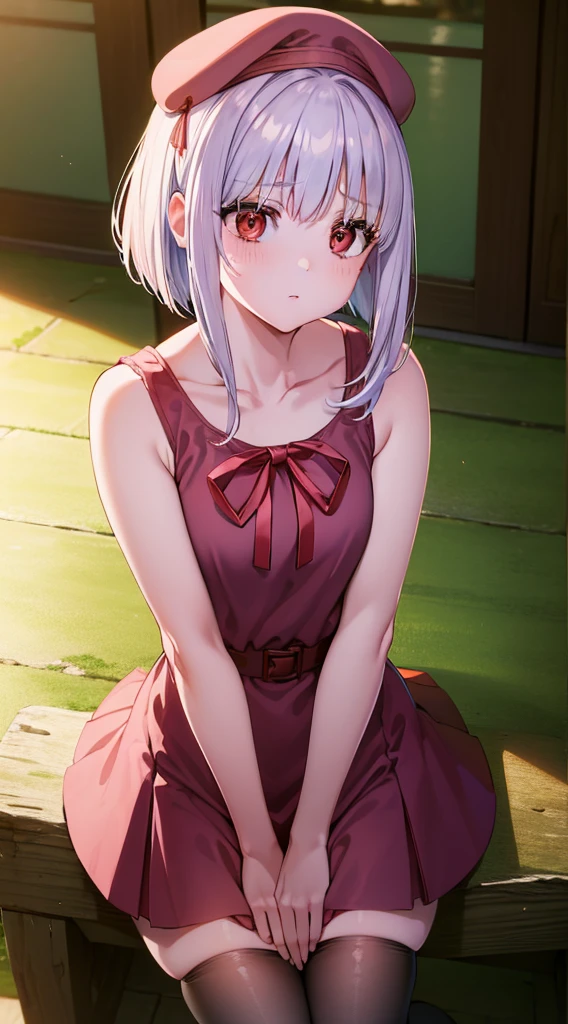 masterpiece, best quality, highres, silver hair, bob cut hair, red eyes, medium breasts, mature body and face, 1girl, solo, blue ribbon, eyelashes, black thighhighs, neck ribbon, sleeveless, bangs, collarbone, bare arms, pink dress, red coat, pink headwear, outdoors, sitting, sexy pose