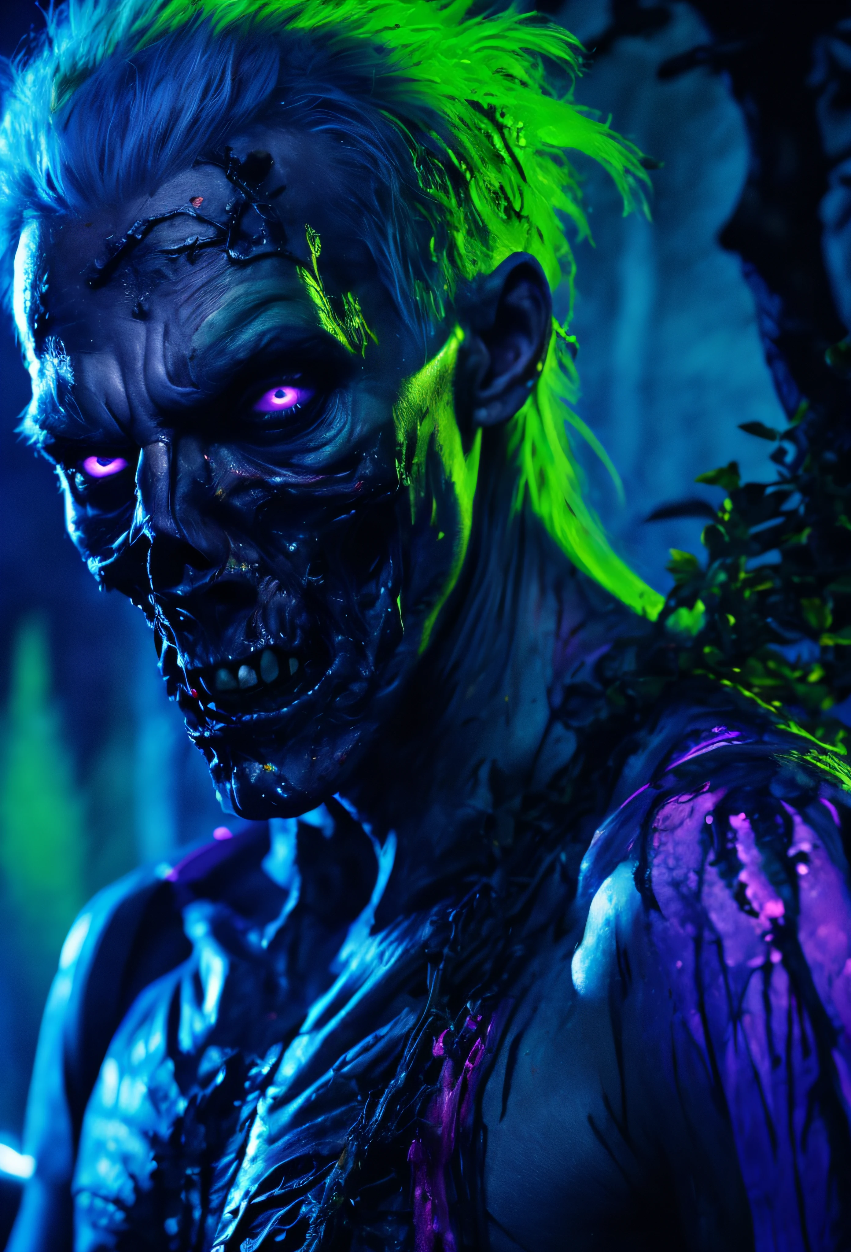 (masterpiece), super detail, ((best quality)), ultra high res, highres, photorealistic, zombie, undead, blacklight art, black light, forest, undead forest, ethereal light