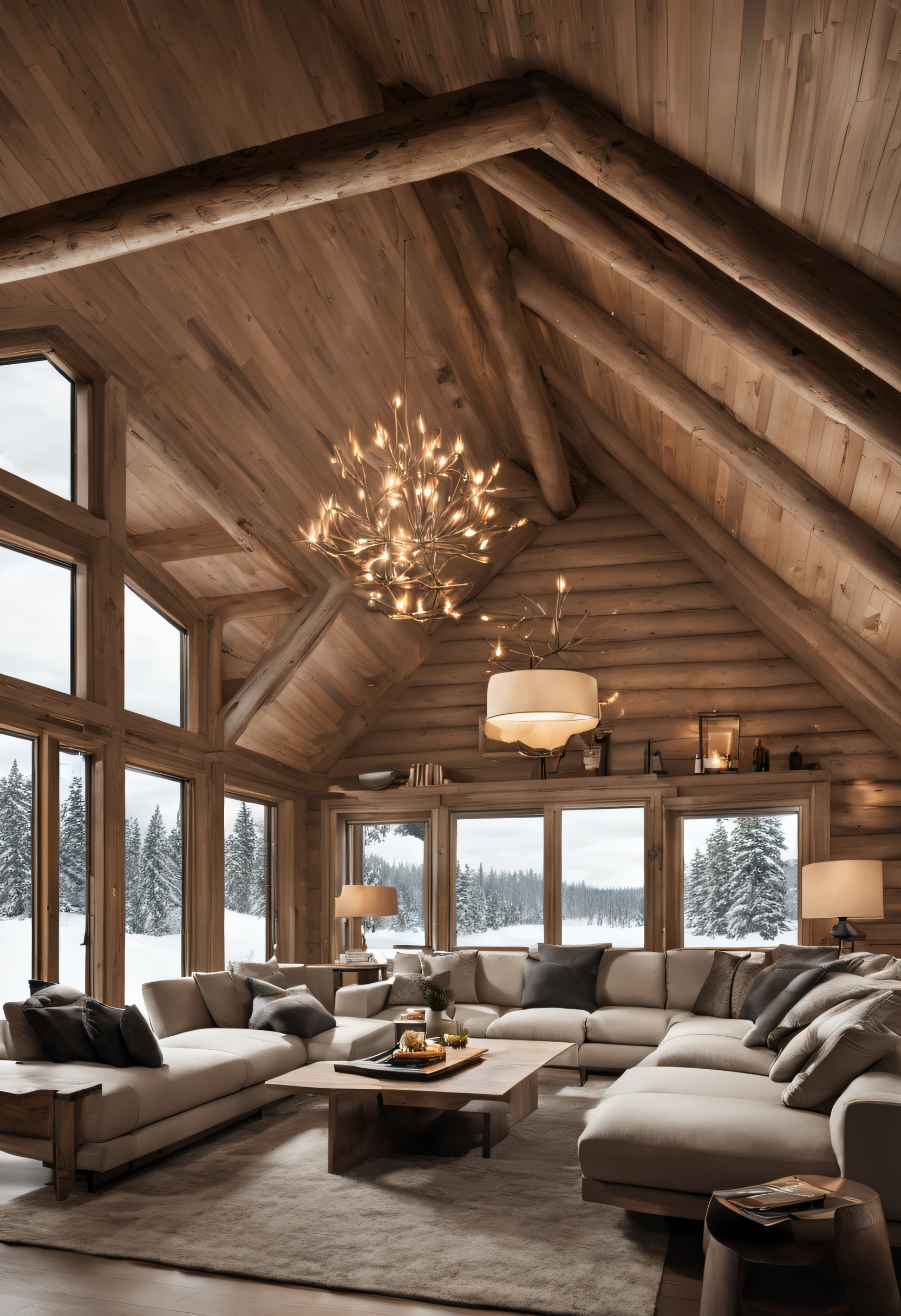 A double-height ceiling living room with a large, floor-to-ceiling window on one side log cabin. Outside is a dark snow-covered landscape. The living area is furnished with plush, contemporary sofas and chairs in neutral tones, grouped around a low, central coffee table. The room's color palette is composed of dark brown and warm tones, with the soft lighting from various lamps adding a cozy ambiance.