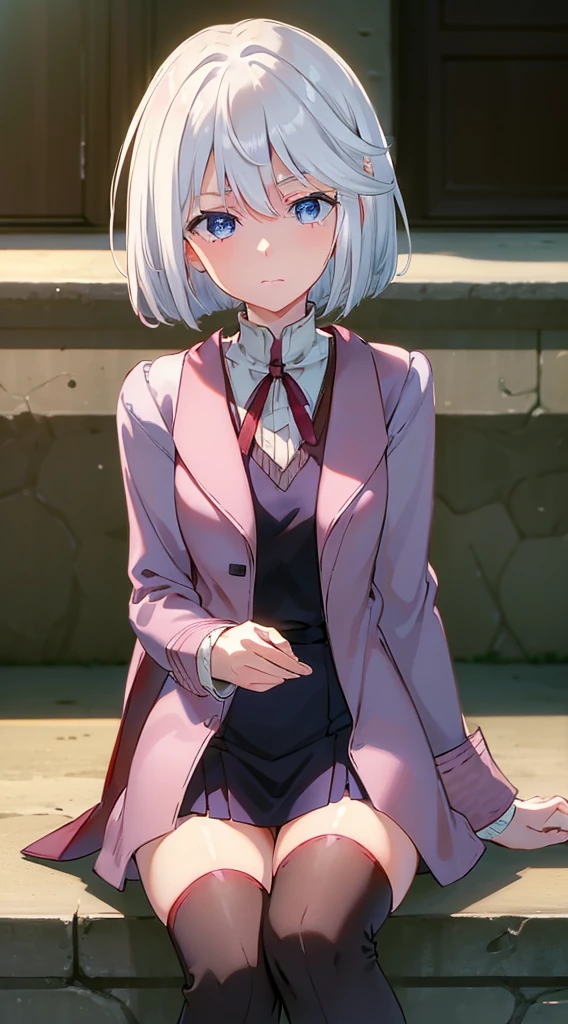 masterpiece, best quality, highres, silver hair, bob cut hair, blue eyes, medium breasts, mature body and face, 1girl, solo, blue ribbon, eyelashes, black thighhighs, neck ribbon, sleeveless, bangs, collarbone, bare arms, pink dress, red coat, pink headwear, outdoors, sitting, sexy pose