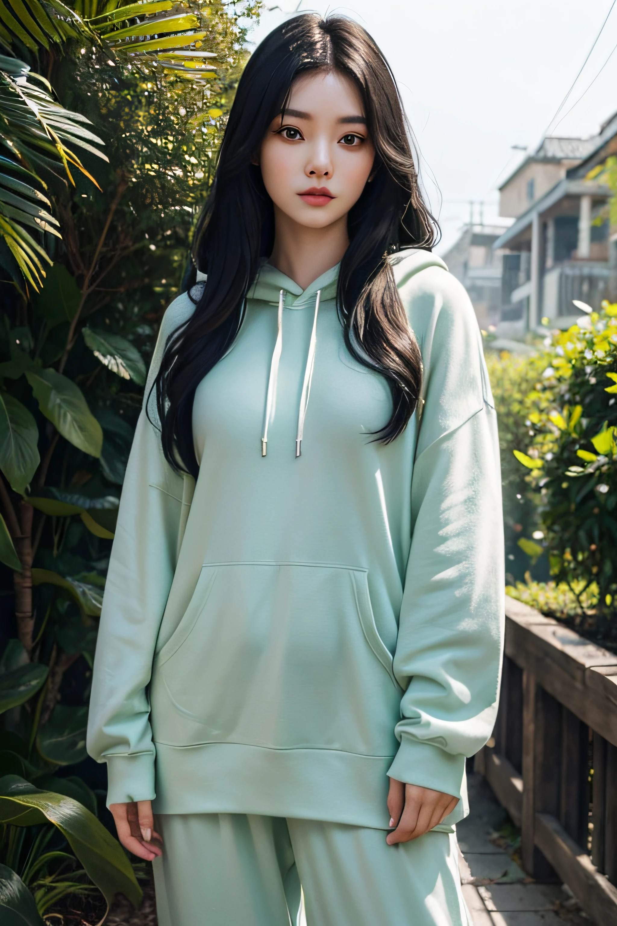 a beautiful young Asian woman with long black hair that cascades down her shoulders, framing her pale, delicate features. Her light green eyes have an ethereal quality., refletindo um mundo interior profundo e complexo. Ela muitas vezes se veste com roupas largas, like hoodies and sweatpants