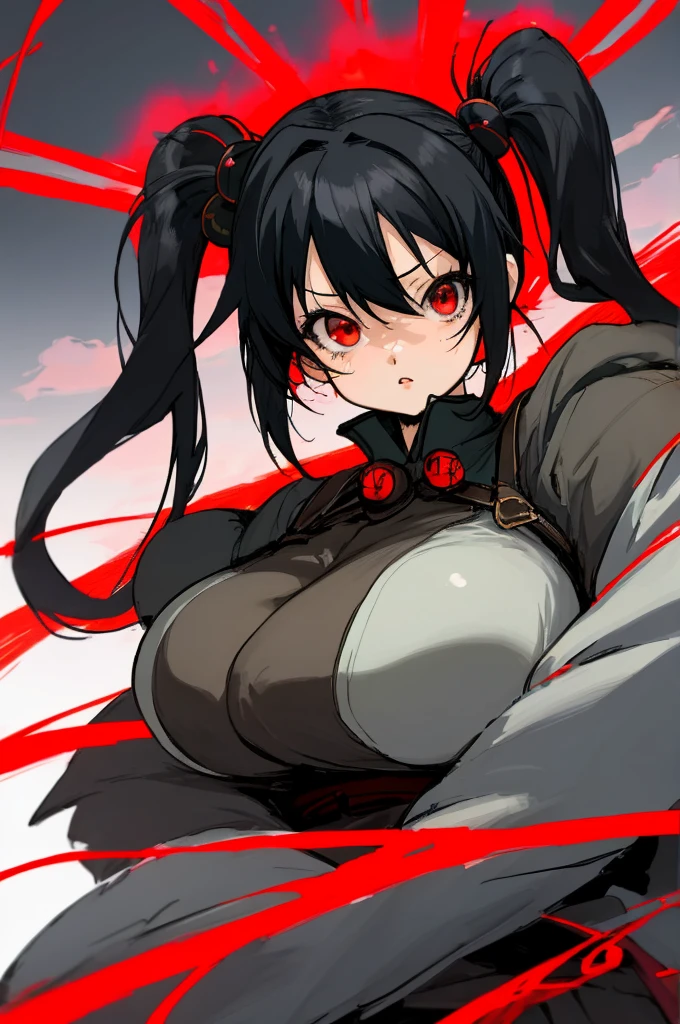 ((Anime style))，Black hair twintails，Red Eyes，childish，So Huge Breasts，