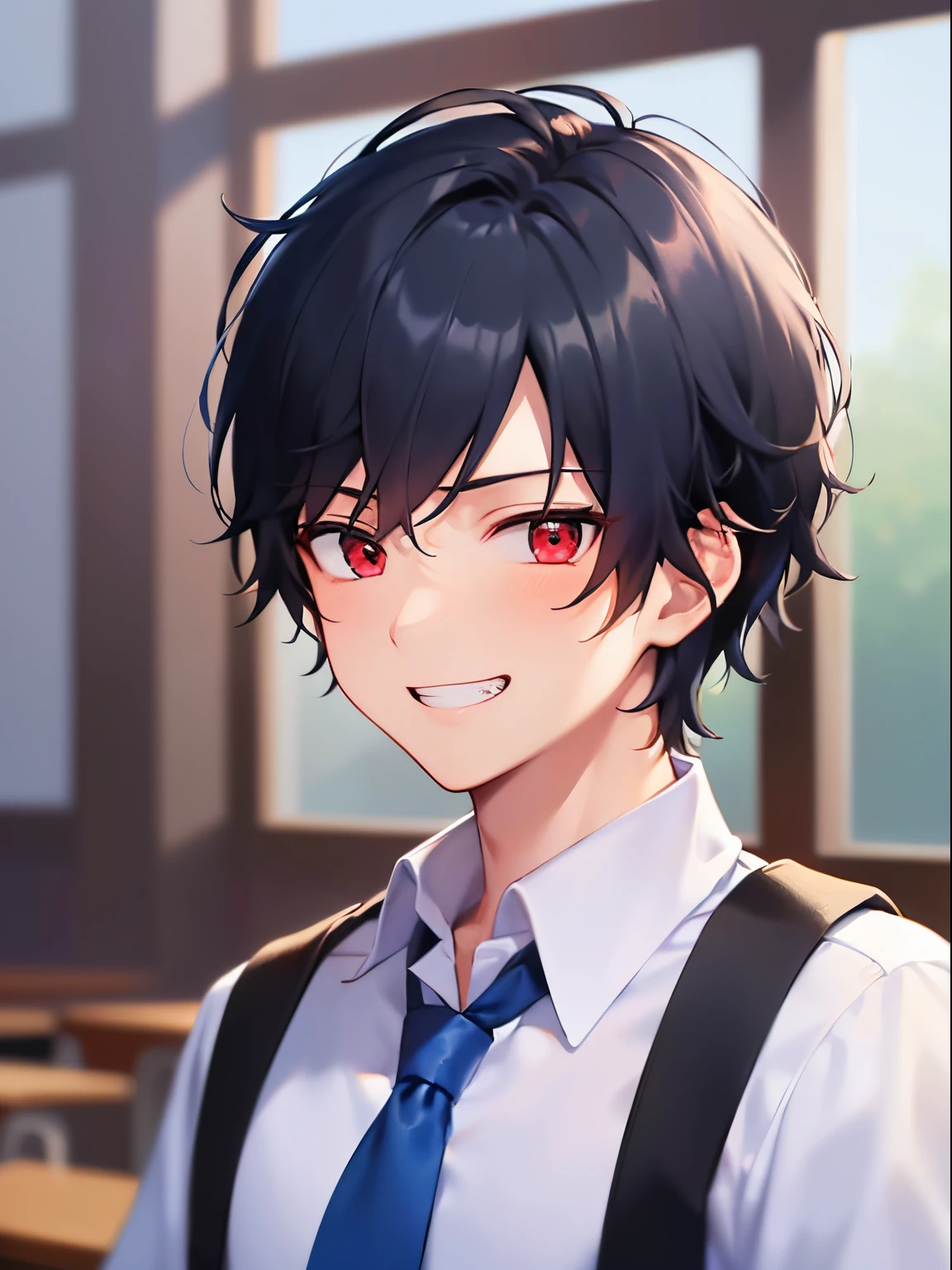 ​masterpiece、hightquality、18 year old male with short black hair and red eyes、Wearing a high school uniform、white  shirt、blue tie、(Alone:1.5)、(grin:1.1)、(Only the upper body is shown.:1.3)、be in a school classroom、Bold composition、