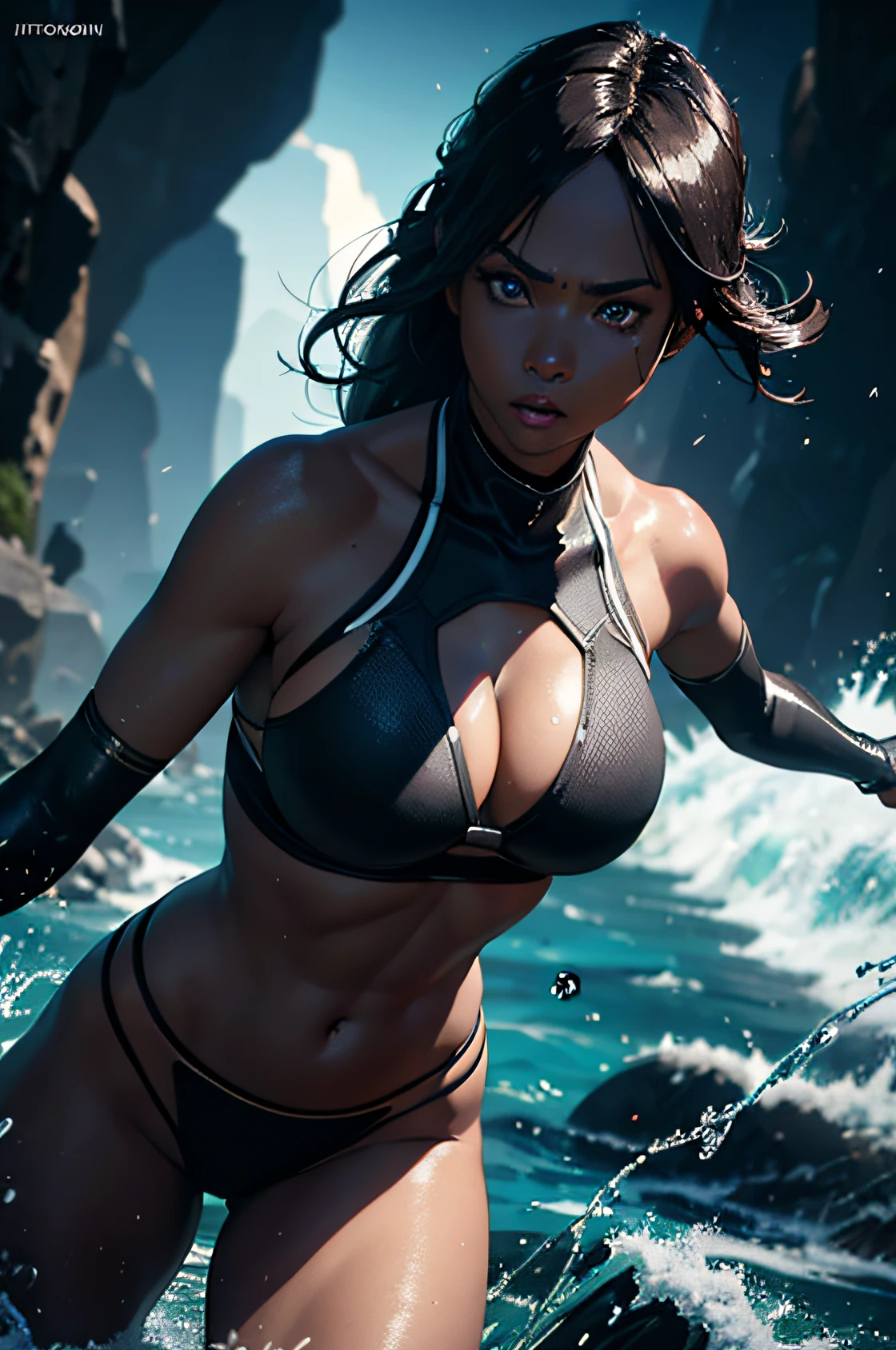 A woman wearing slingshot bikini, dark skin, bathing, big breasts, dynamic pose, 3d, (8k), detailed texture,(hyperdetailed), (photo realistic), cinematic light, cinematic action, highly detailed, realistic, Isometric, full body, in frame, driven expression, dark theme, (extremely detailed eyes), detailed symmetric realistic face, extremely detailed natural texture, masterpiece, extremely detailed, amazing, fine detail, rich colors, hyper realistic lifelike texture, dramatic lighting, unreal engine, trending on art station, photo realistic, RAW photo, high quality, high res, sharp focus, extremely detailed, cinematic lighting, 8k, high definition, cinematic, neoprene, unreal engine 5, ultra sharp focus