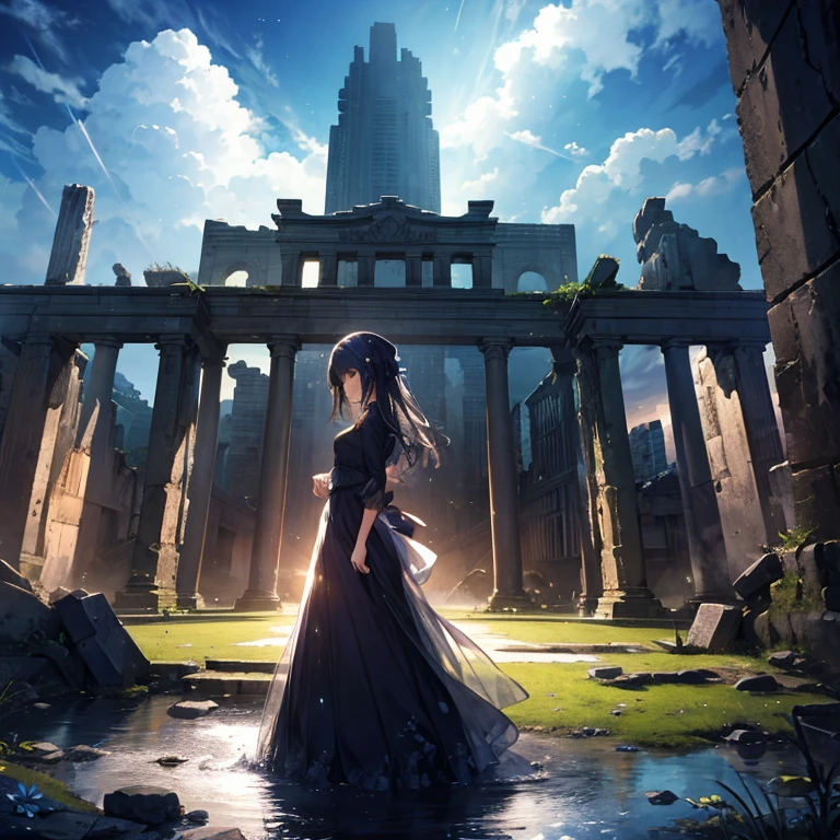 landscapes、Background with、scenic、natta、ruins、rays of moonlight、florals、high-level image quality