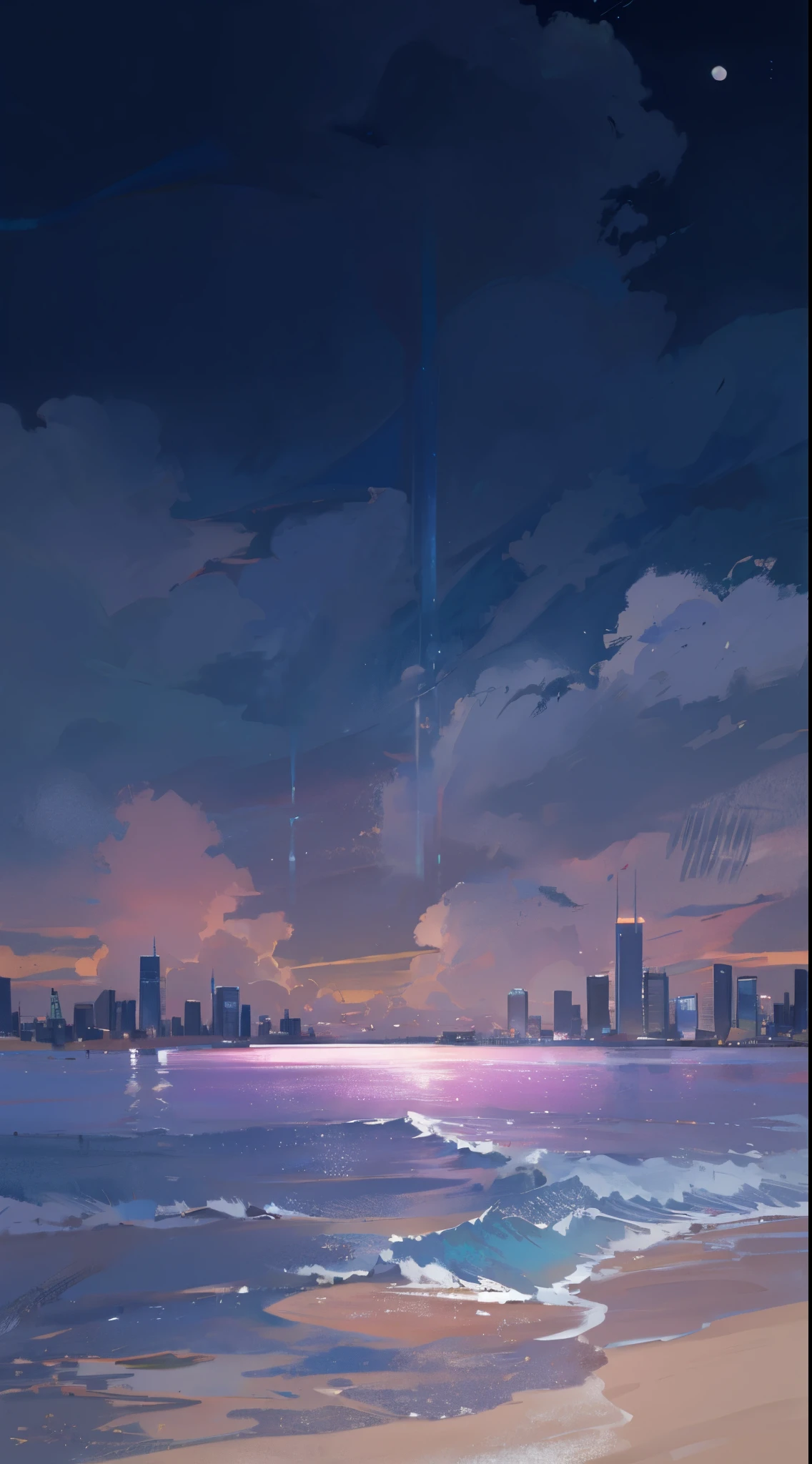 8K,high high quality!!Detail Enhancement!!Highest image quality!!There is a beach,Waves are floating on the beach,Night city skyline painting,,There are layers of cumulus clouds in the sky,The moon is at sea level., distant cityscape, distant city, city night scene, city in the distance, shiny city in the distance, city dusk landscape, calm evening. Digital illustration, natta ; digitial painting, anime style cityscape, dusk skyline, Atmospheric. digitial painting, Speed painting, Twilight background