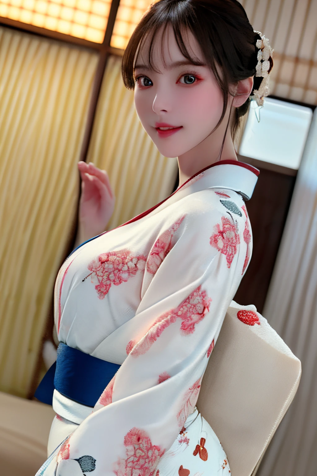 (8k, RAW photo, best quality, highres:1.2), (realistic, photo-realistic:1.5),  1girl, solo , pale skin,   beautiful face,  cute, extremely detailed eyes, cherry heart-shaped lips, upper body,  kimono,