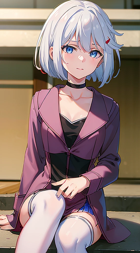 masterpiece, best quality, highres, silver hair, bob cut hair, blue eyes, medium breasts, mature body and face, 1girl, solo, blue ribbon, eyelashes, black thighhighs, neck ribbon, sleeveless, bangs, collarbone, bare arms, pink dress, red coat, pink headwear, outdoors, sitting, sexy pose